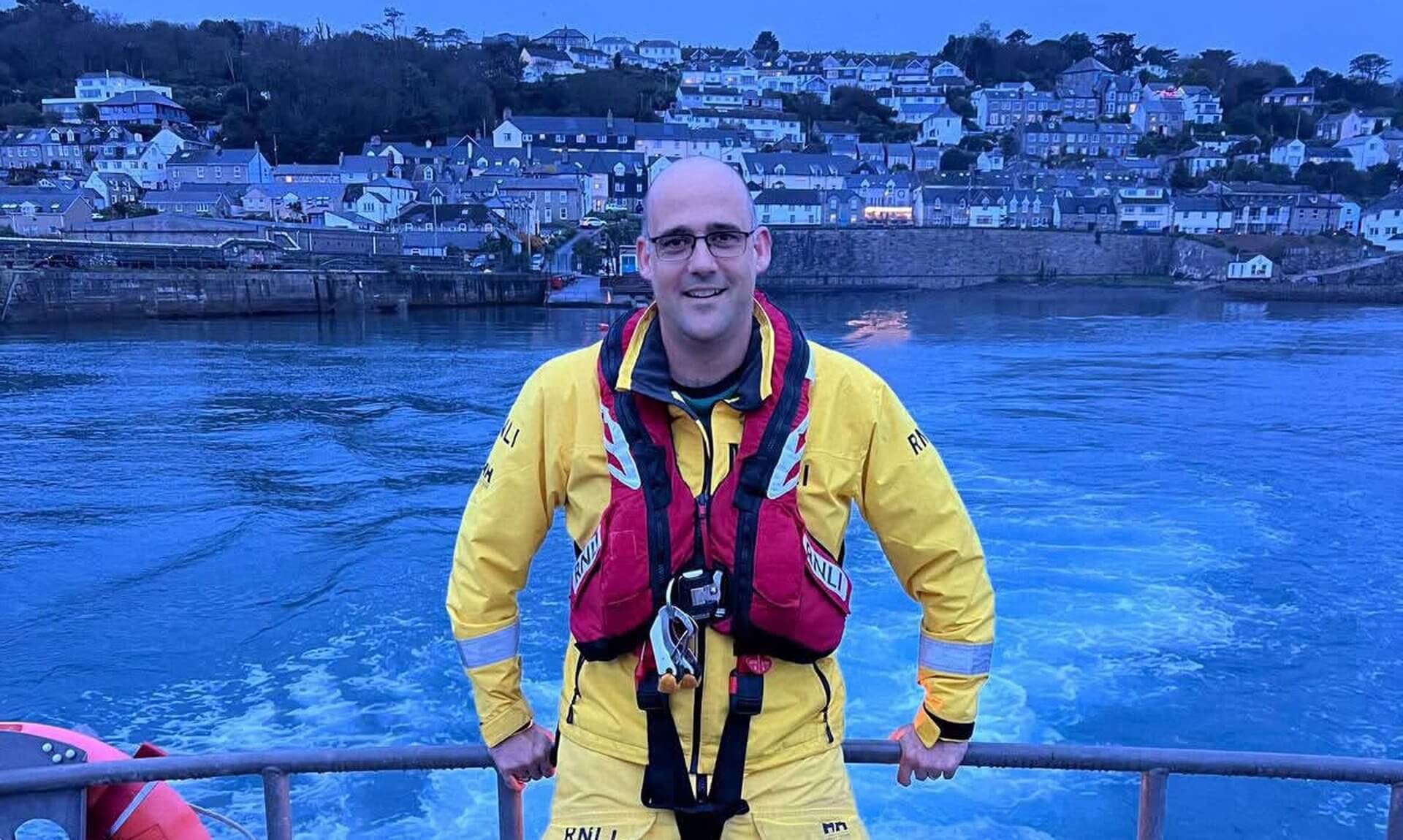 Penlee lifeboat volunteer Chris Davey in RNLI kit on the lifeboat deck