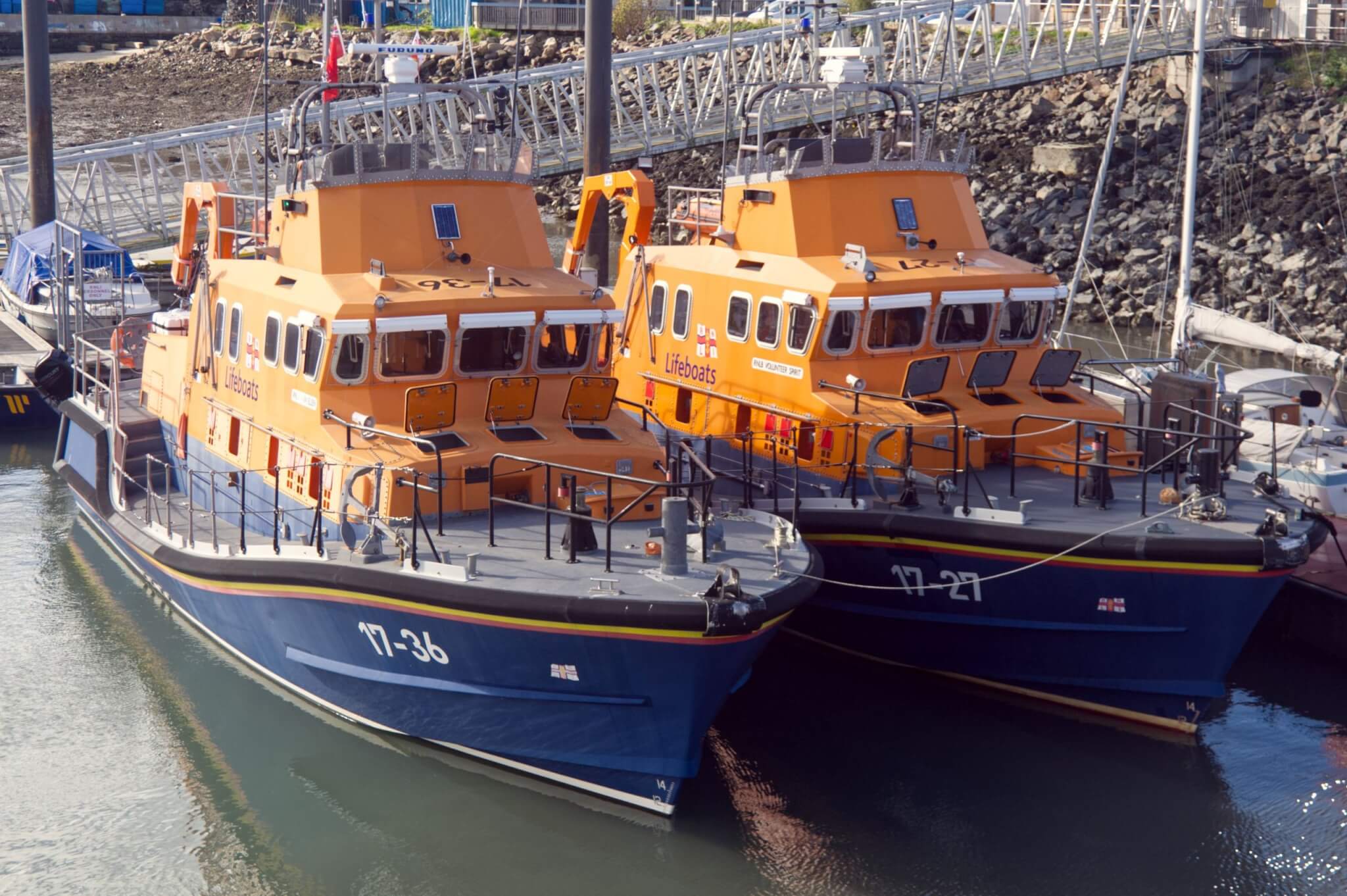 Severn class lifeboats Ivan Ellen and Volunteer Spirit moored side by side in Newlyn harbour