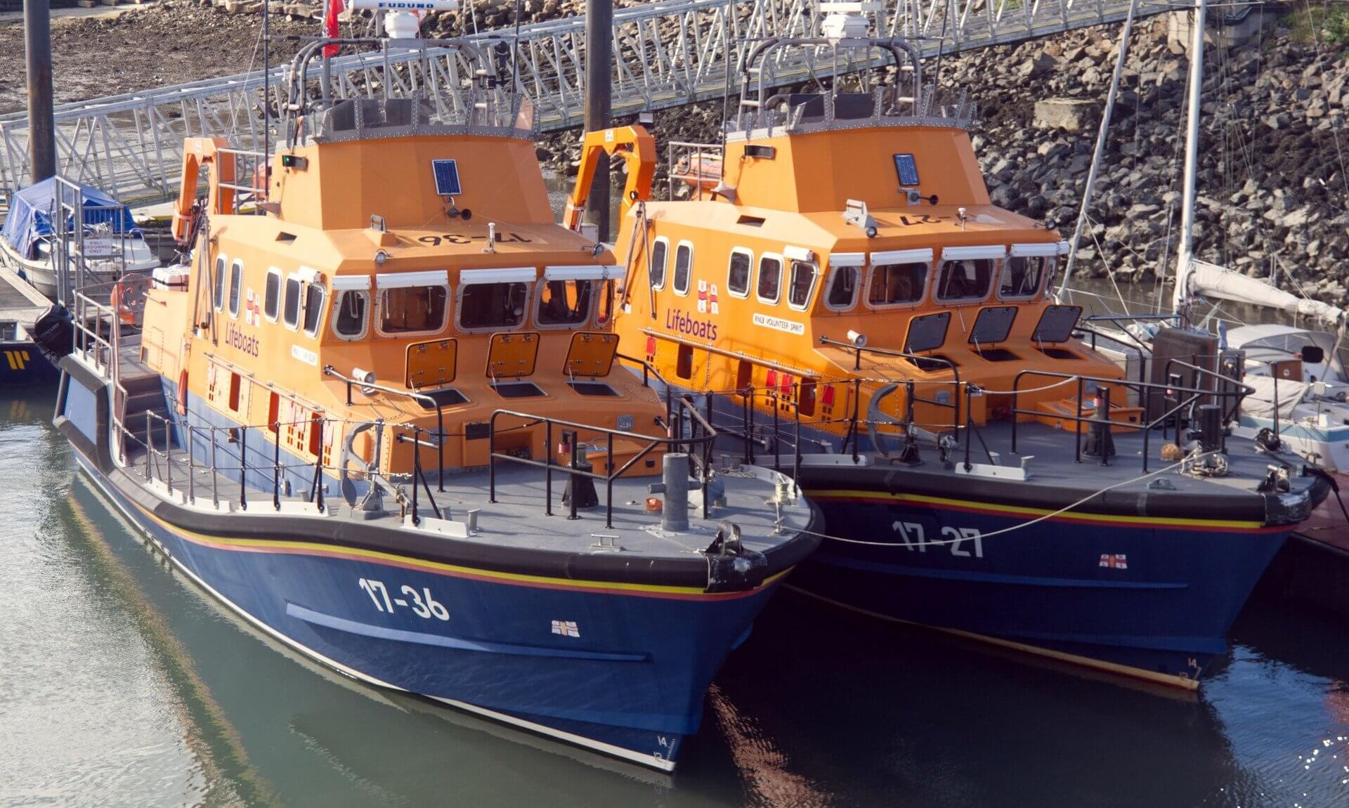 Severn class lifeboats Ivan Ellen and Volunteer Spirit moored side by side in Newlyn harbour