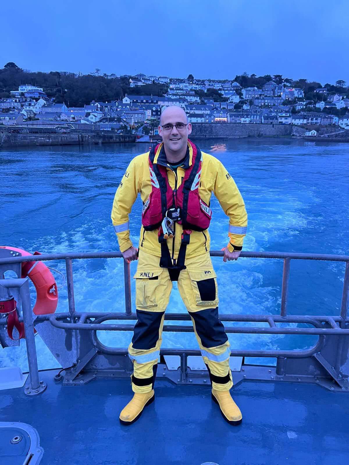 Penlee lifeboat volunteer Chris Davey in RNLI kit on the lifeboat deck