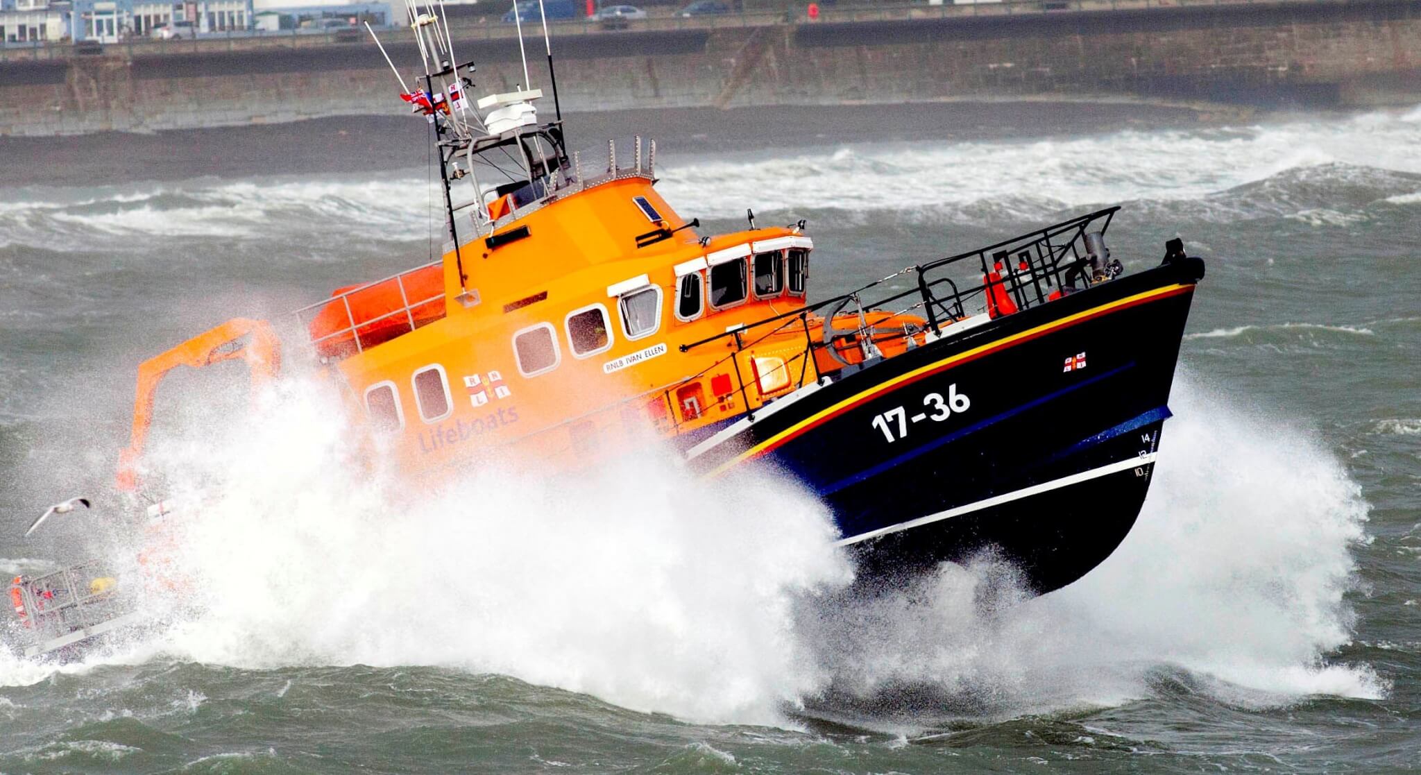Penlee lifeboat Ivan Ellen powering through heavy surf