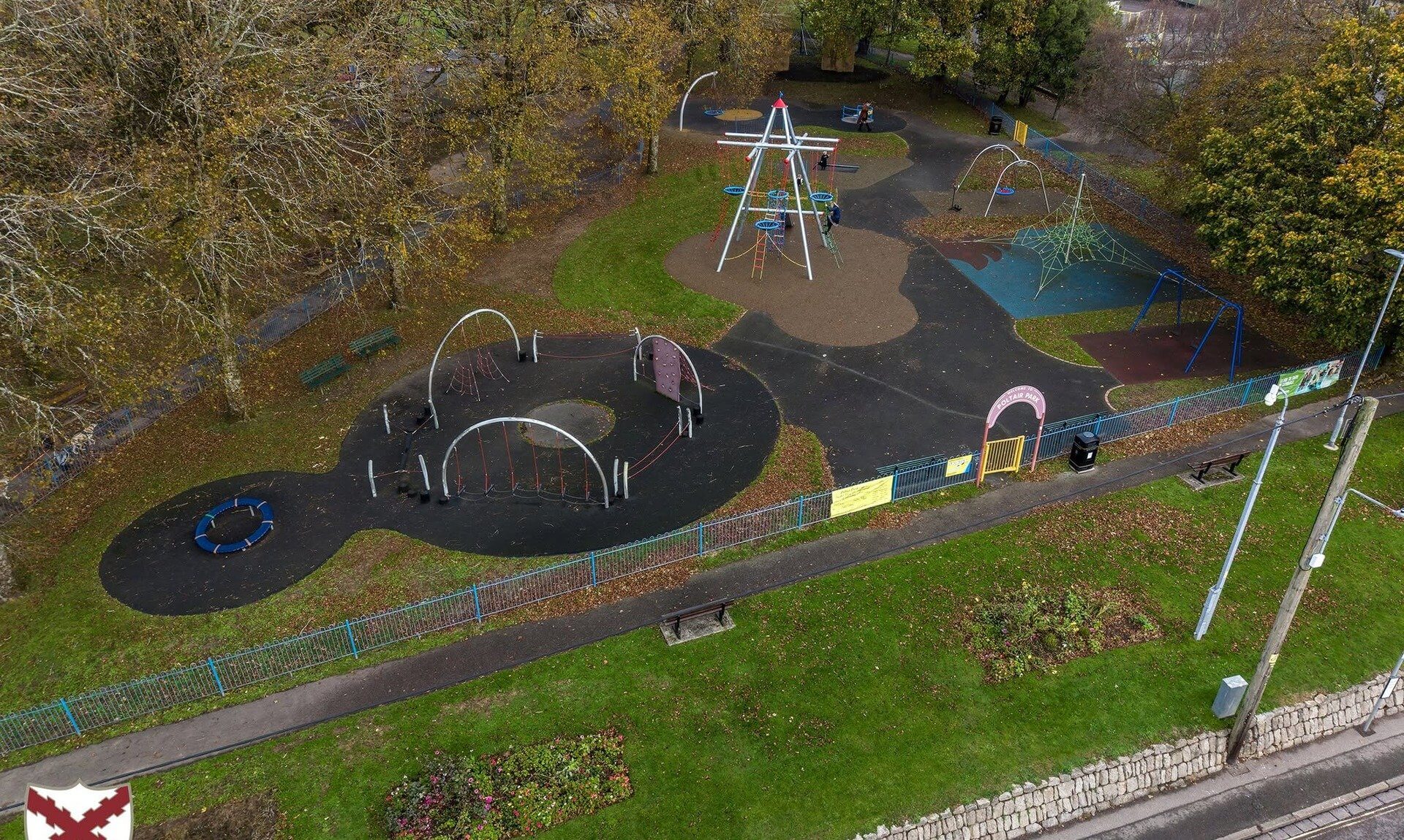 Aerial view of the play area at Poltair Park, St Austell, with the new Bird's Nest Tower