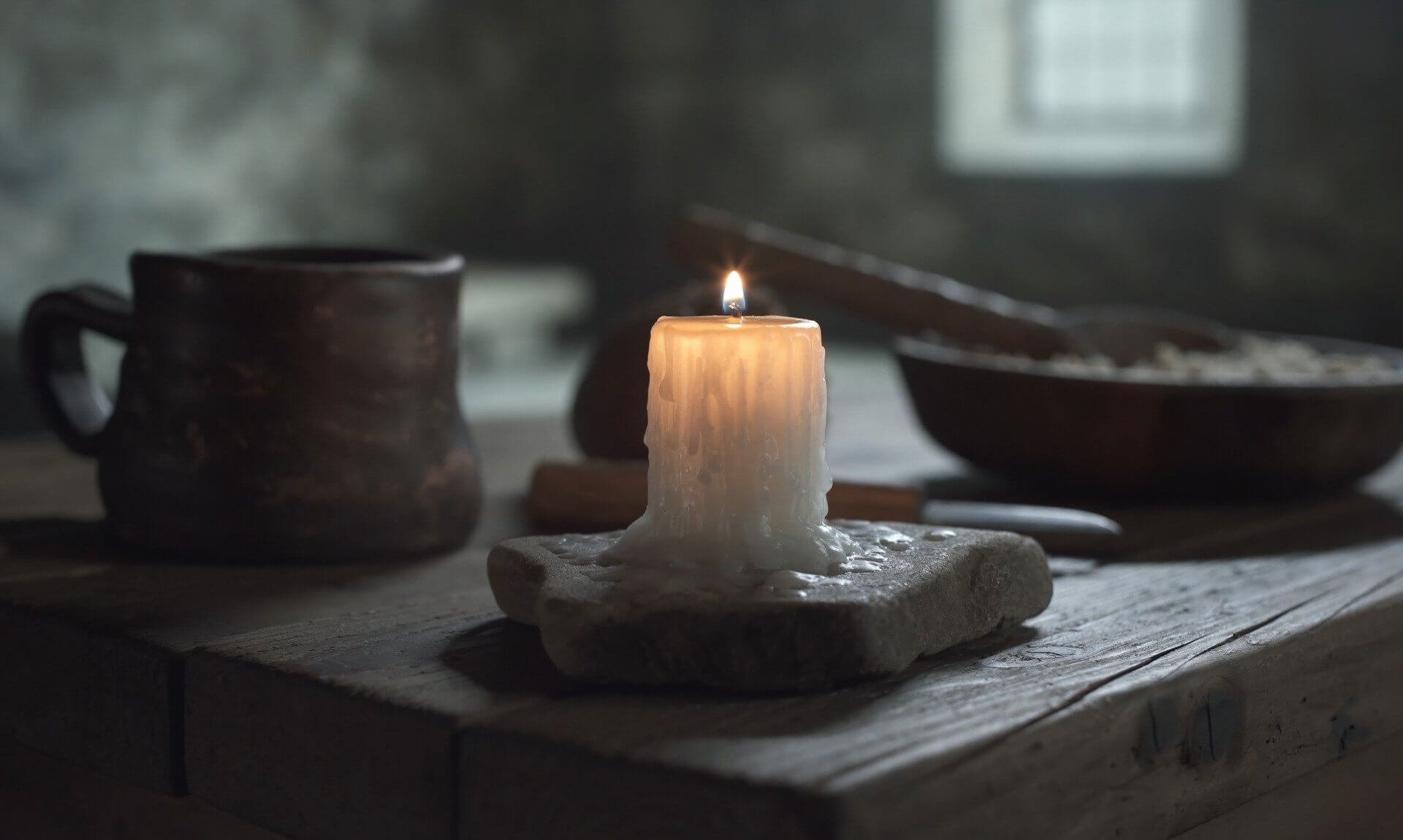 A lit candle on a wooden table in a dim room during a power cut