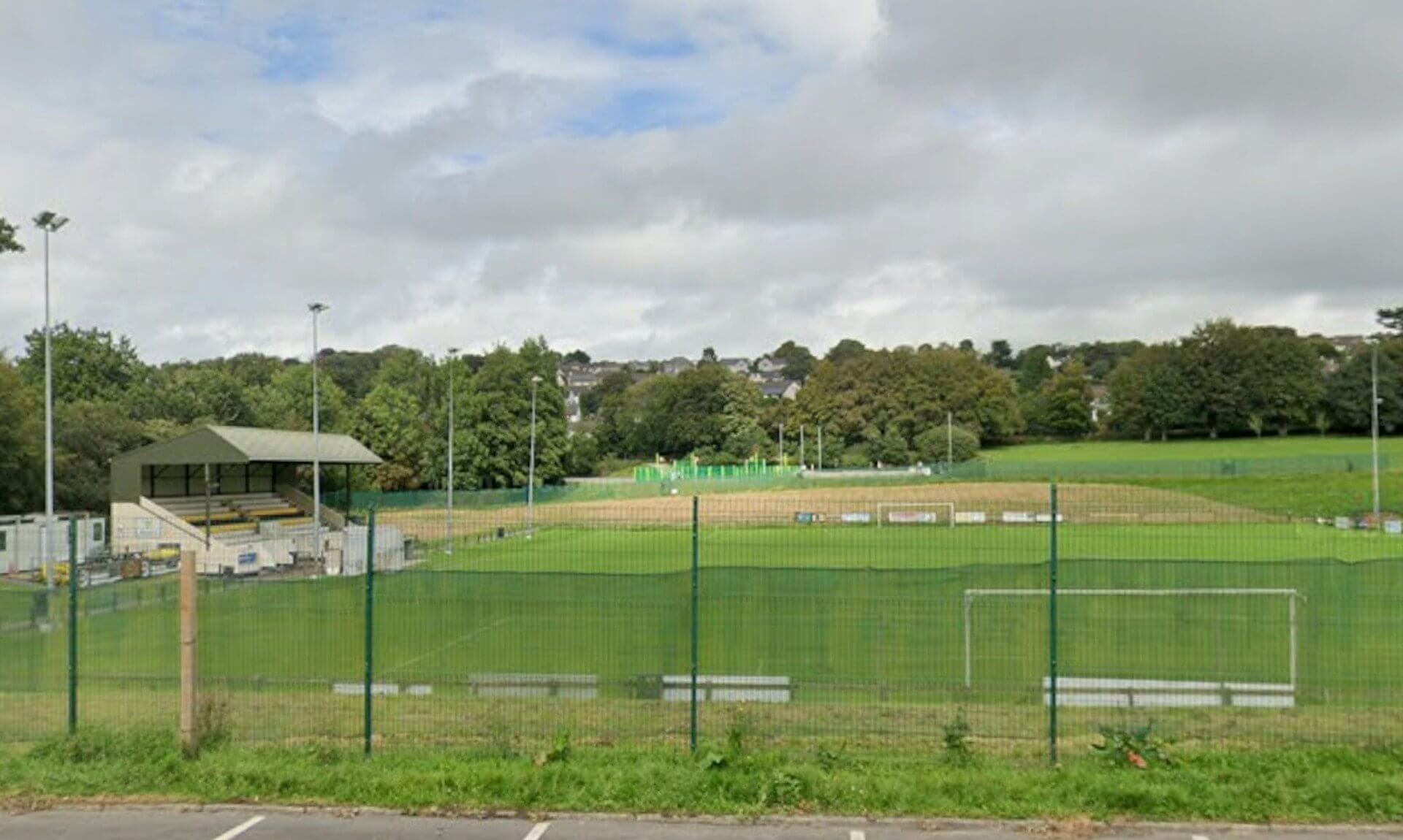 Priory Park football ground in Bodmin with its stand and pitches