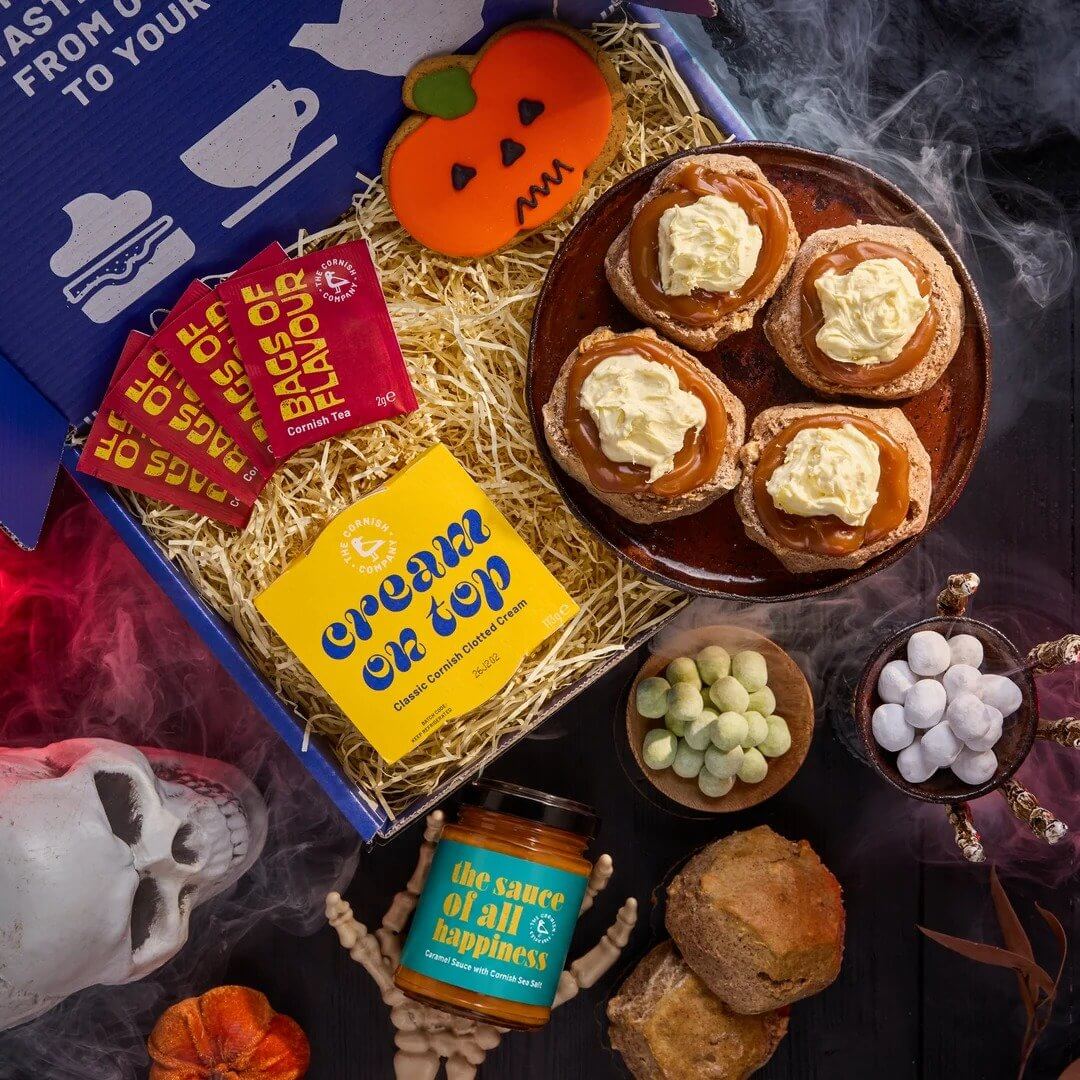 Pumpkin-spiced scones with salted caramel and clotted cream in a Halloween hamper