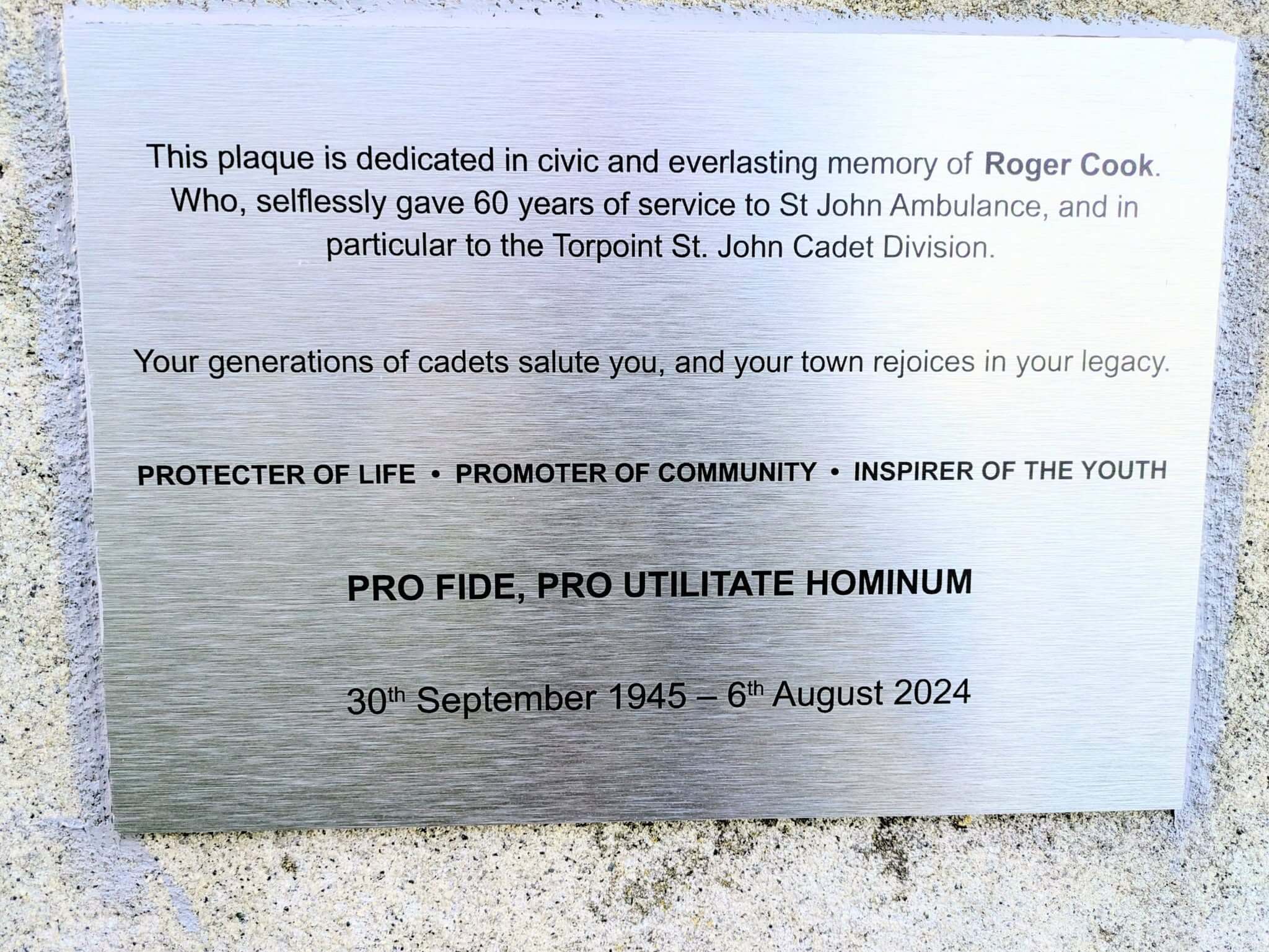 Roger Cook memorial plaque in Torpoint