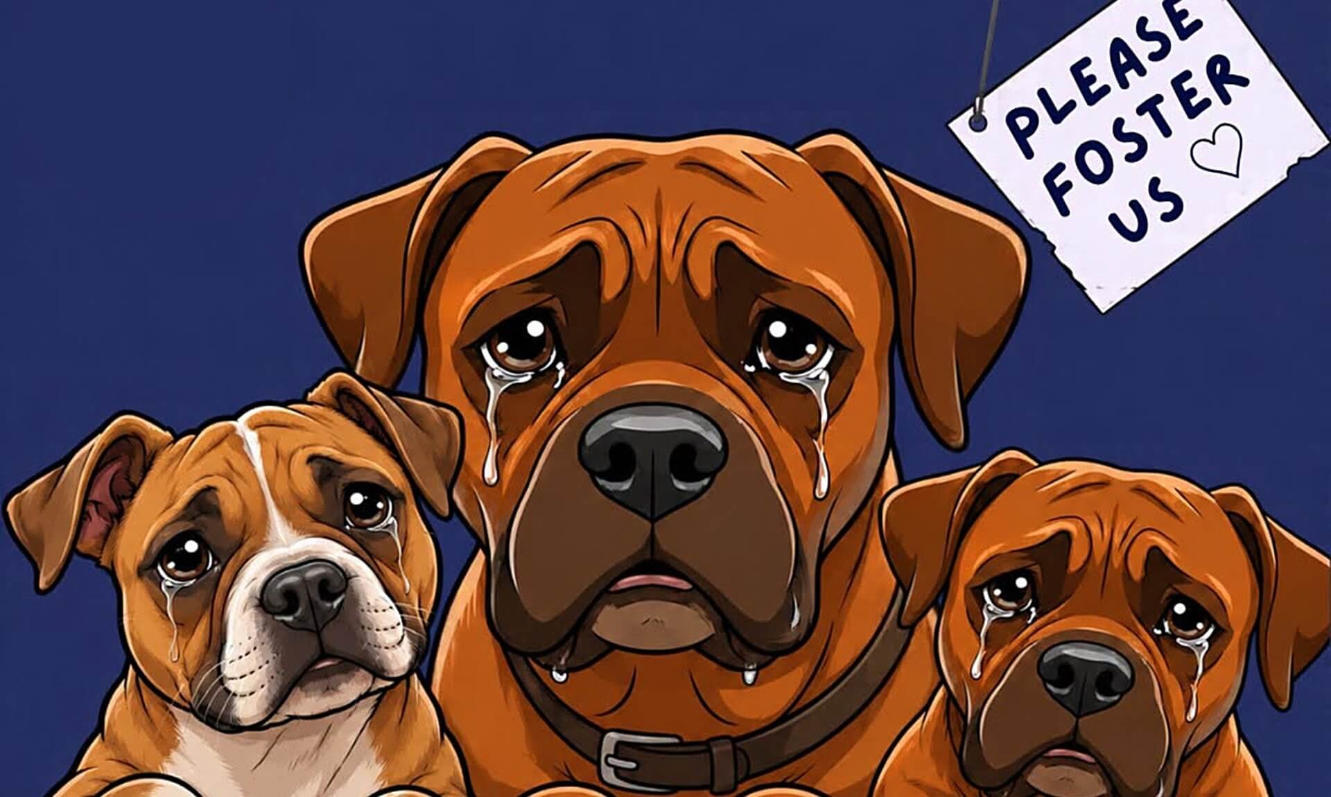 Illustration of three sad larger-breed dogs with a Please Foster Us sign