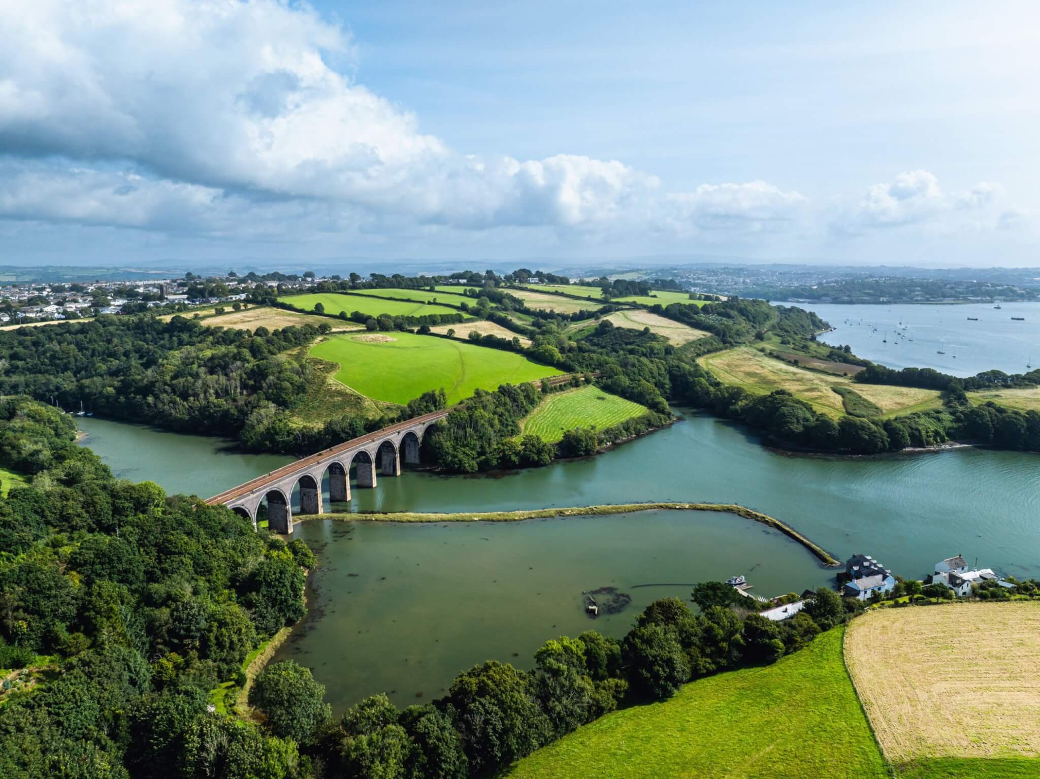 Aerial view of countryside and the river near Saltash