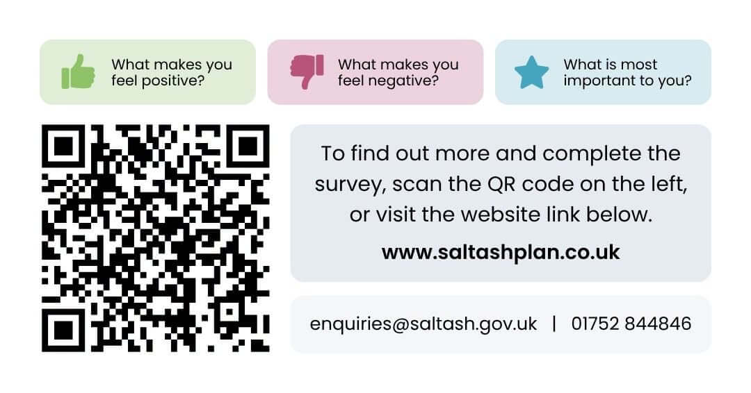 Saltash Plan survey QR code and contact details