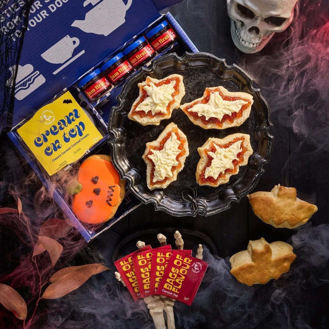 Bat-shaped scones with jam and clotted cream in The Cornish Company's Scream Tea Hamper