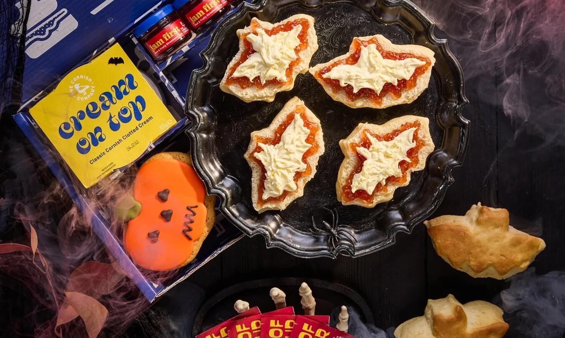 Bat-shaped scones with jam and clotted cream in The Cornish Company's Scream Tea Hamper