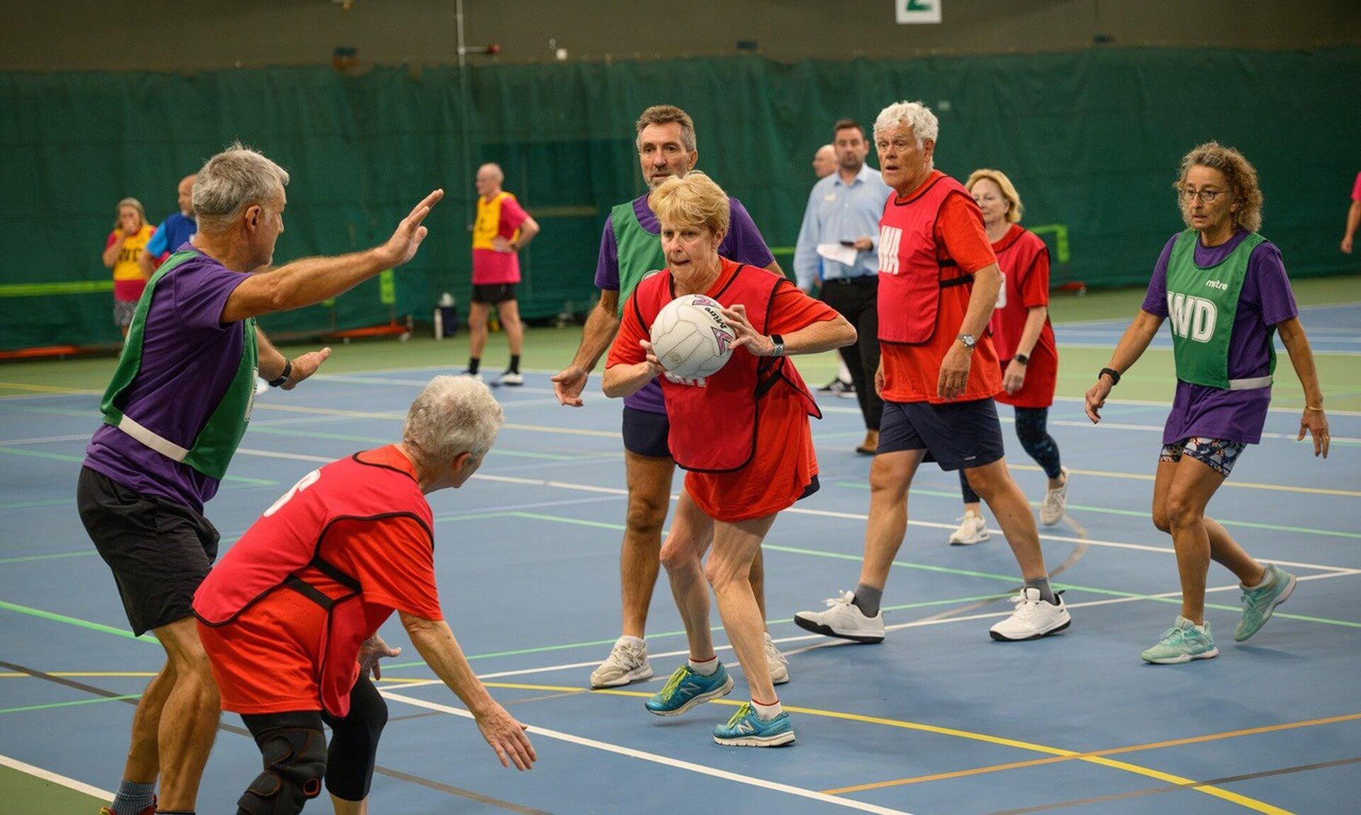 Walking netball match at the Senior Club Games at Bodmin Leisure Centre