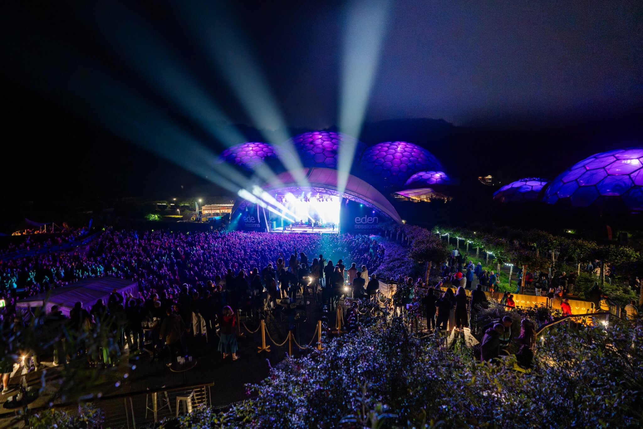 Snow Patrol stage at the Eden Sessions with lights over the Biomes