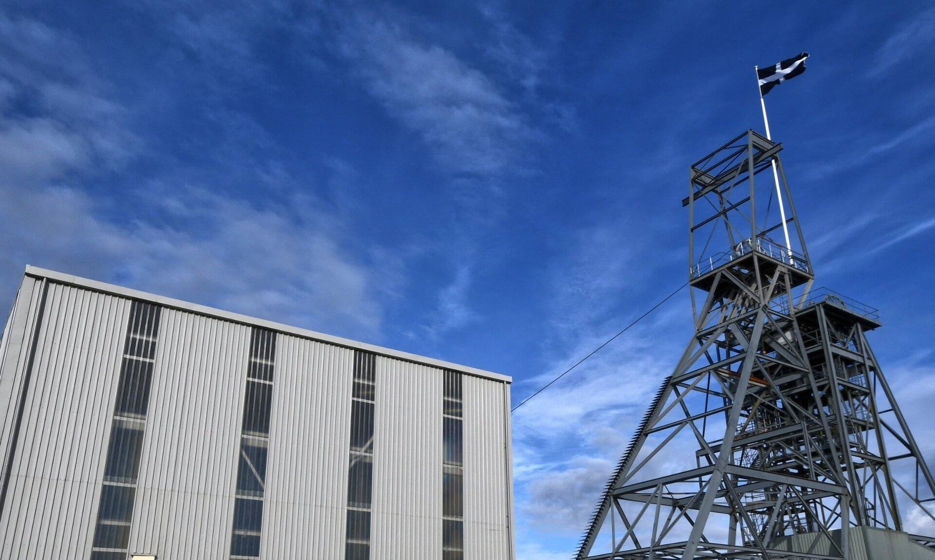 Headframe flying the Cornish flag at South Crofty mine