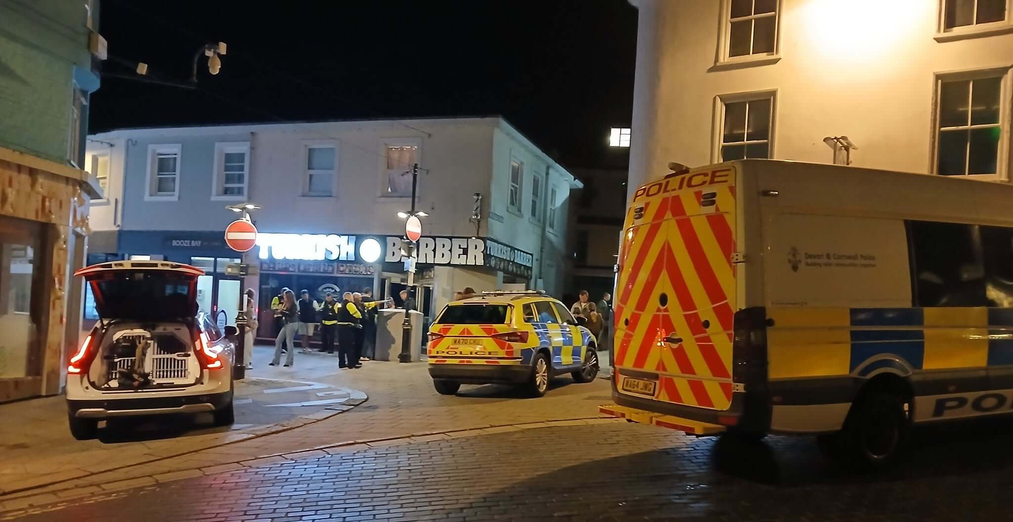 Police vehicles and a dog van in St Austell town centre at night
