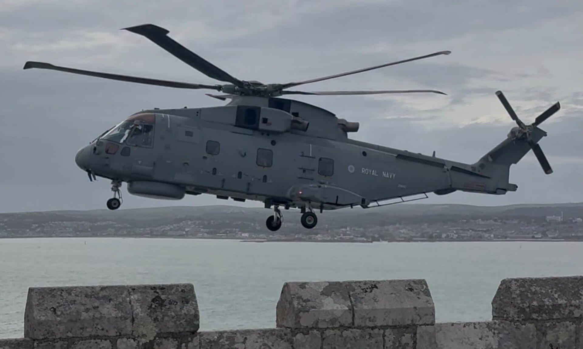 Royal Navy Merlin helicopter at St Michael's Mount