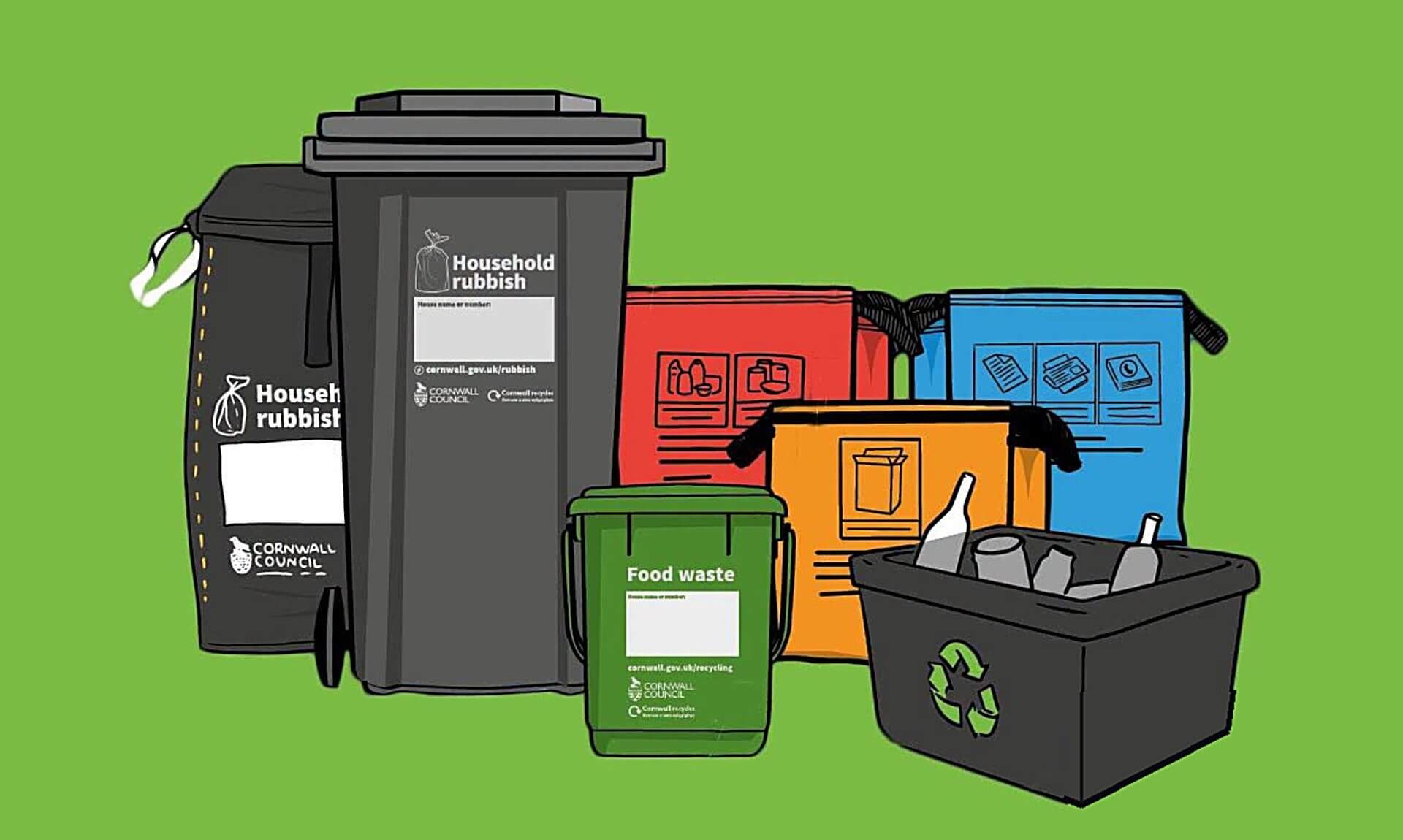 Cornwall Council rubbish bags, wheelie bin, food waste caddy and recycling boxes illustration