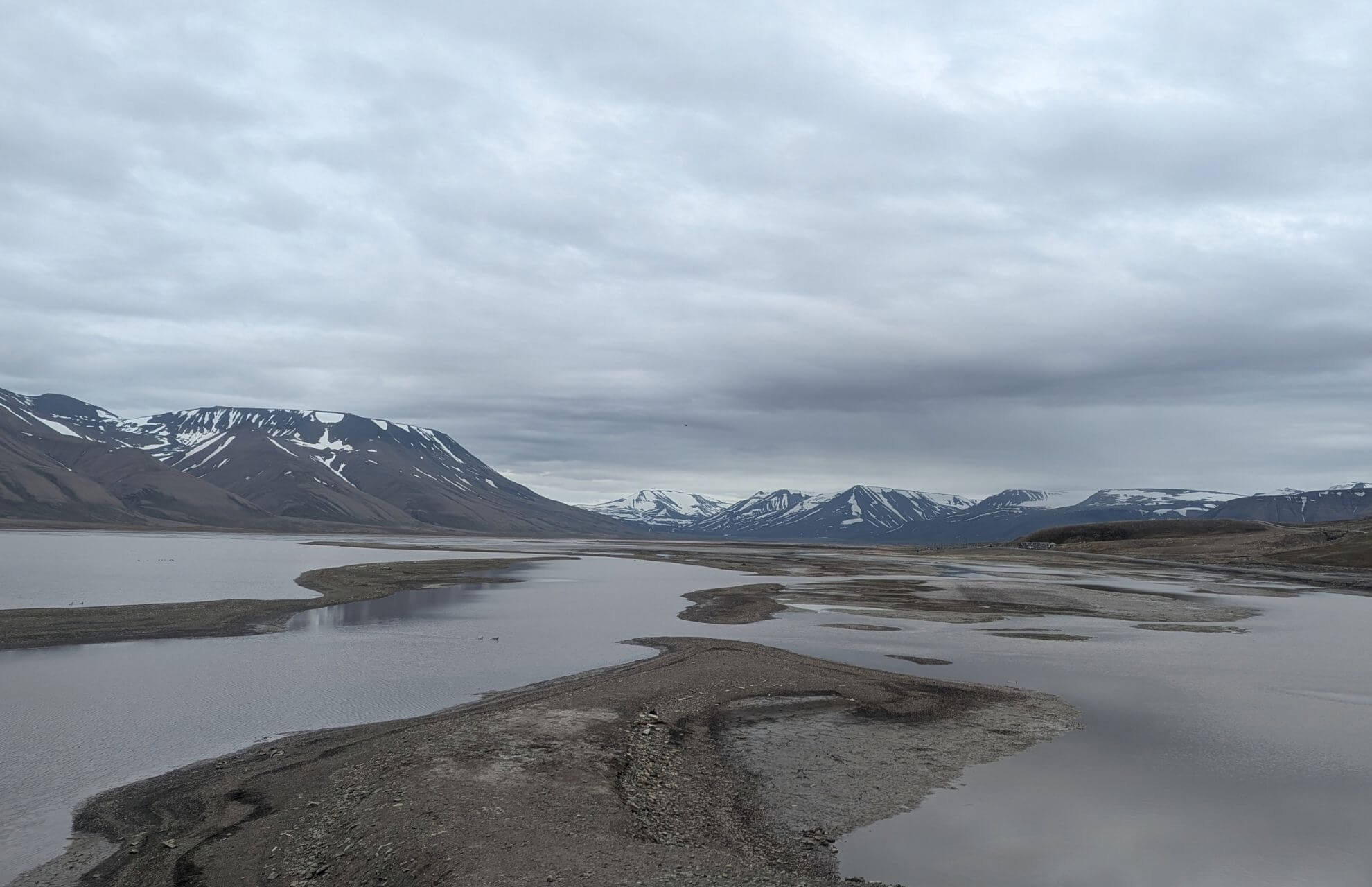 Snow-capped mountains and shoreline in Svalbard