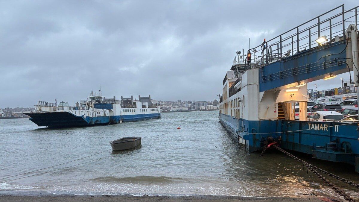 Torpoint Ferry Tamar II moored at the slipway with another ferry on the River Tamar