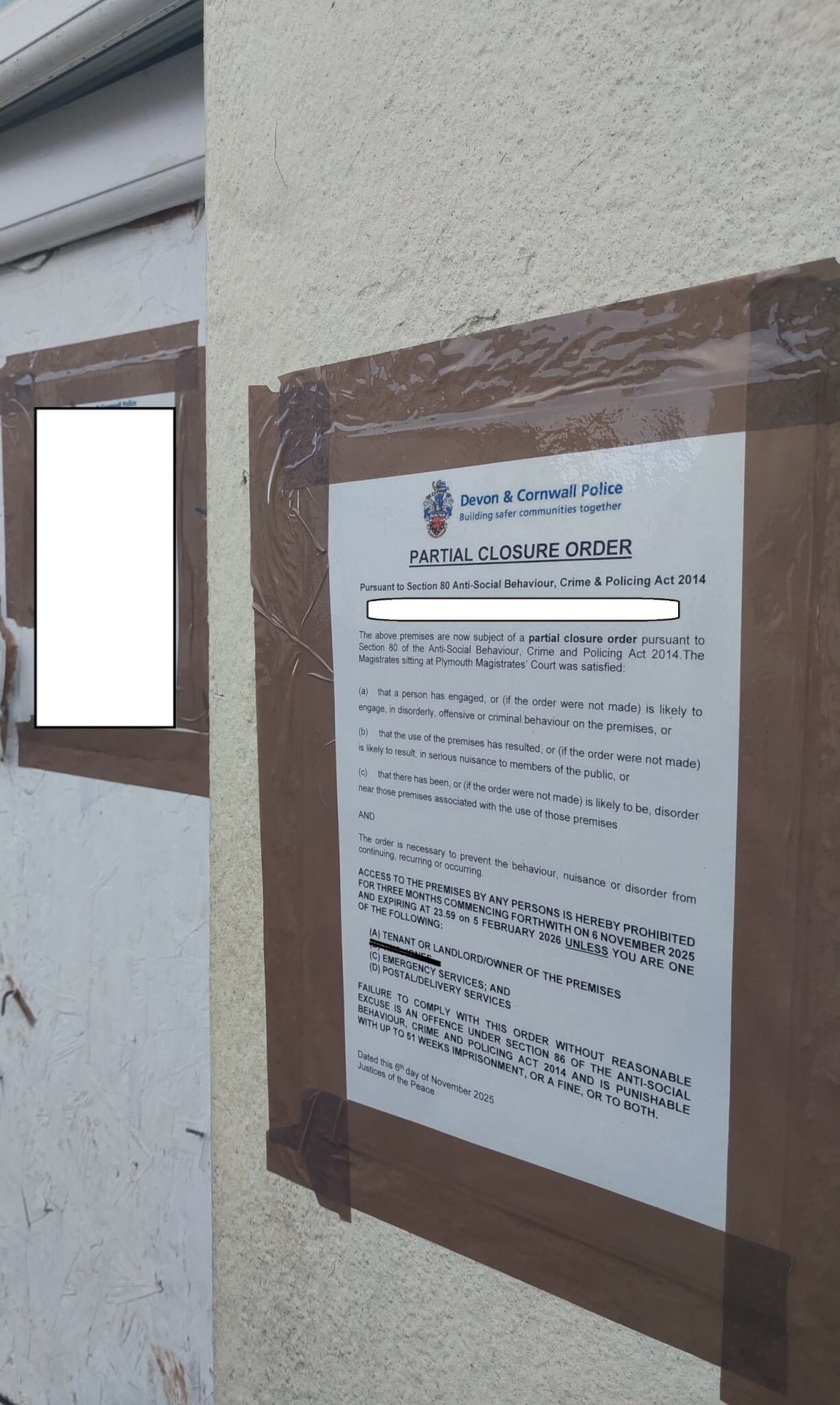 A closure order notice in Torquay.