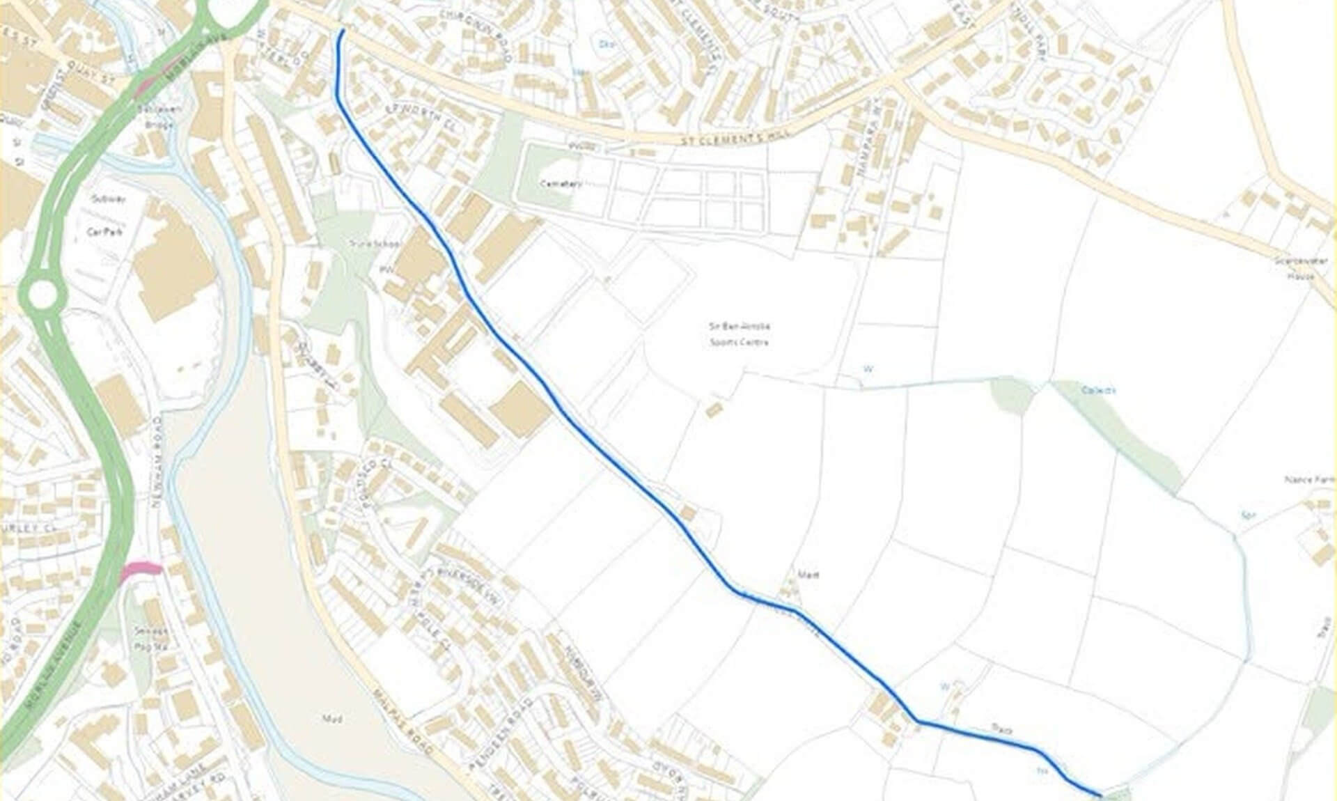 Map showing the length of Trennick Lane in Truro covered by the overnight road closure