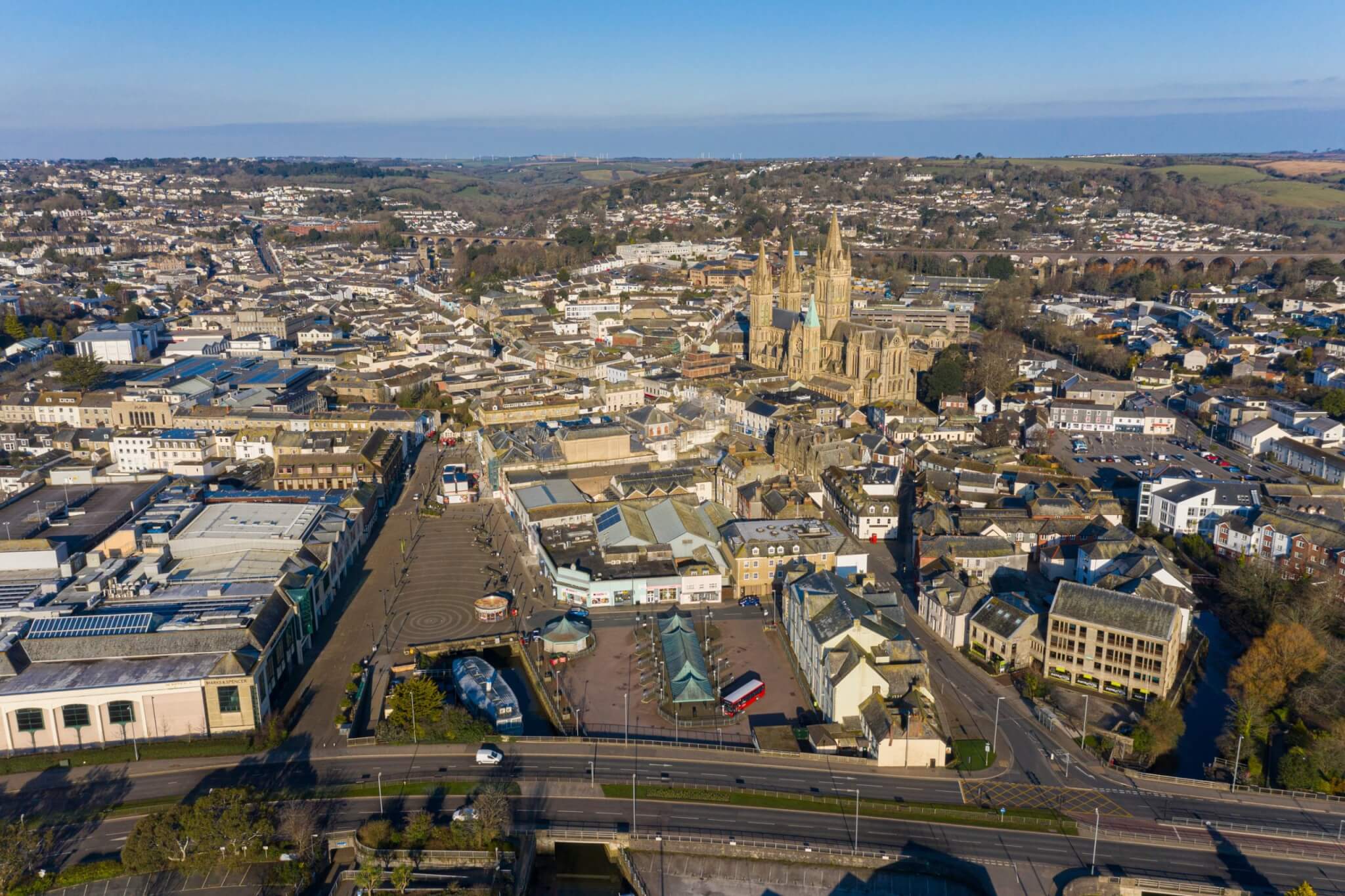 Aerial view of Truro city centre and Truro Cathedral