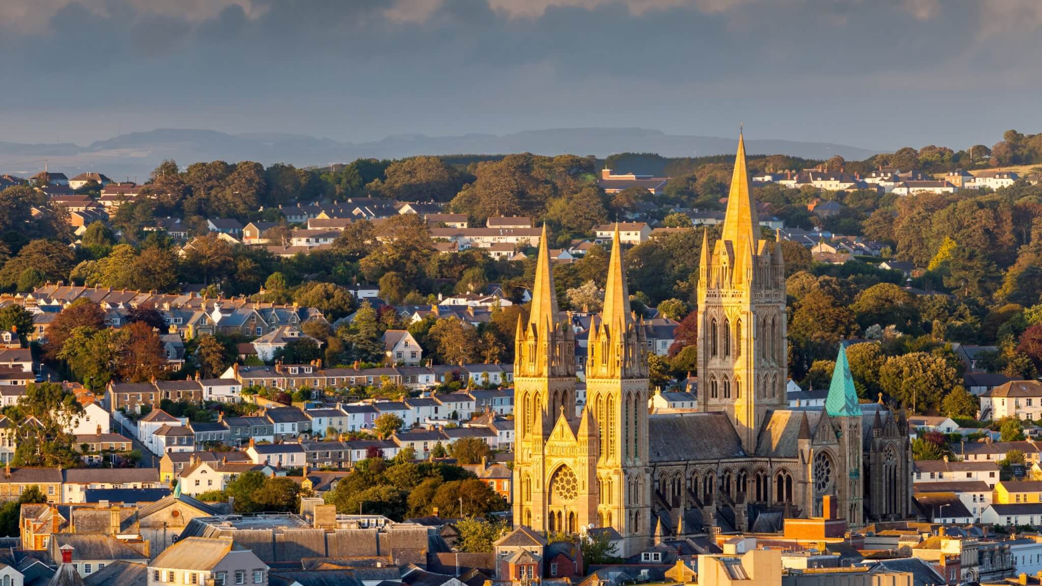 Truro Cathedral and the city skyline at sunset