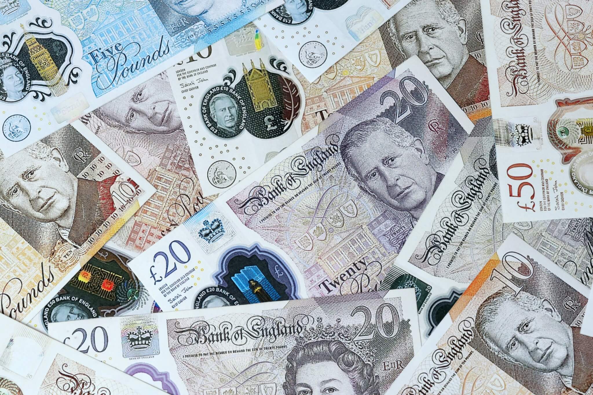 A pile of Bank of England banknotes