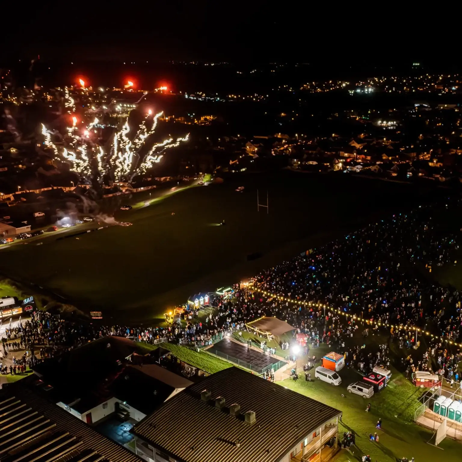 Aerial view of the fireworks crowd at Newquay Sports Centre