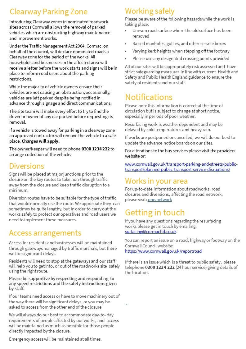 Cornwall Council leaflet with Clearway, diversion and access details for the West Looe Hill works