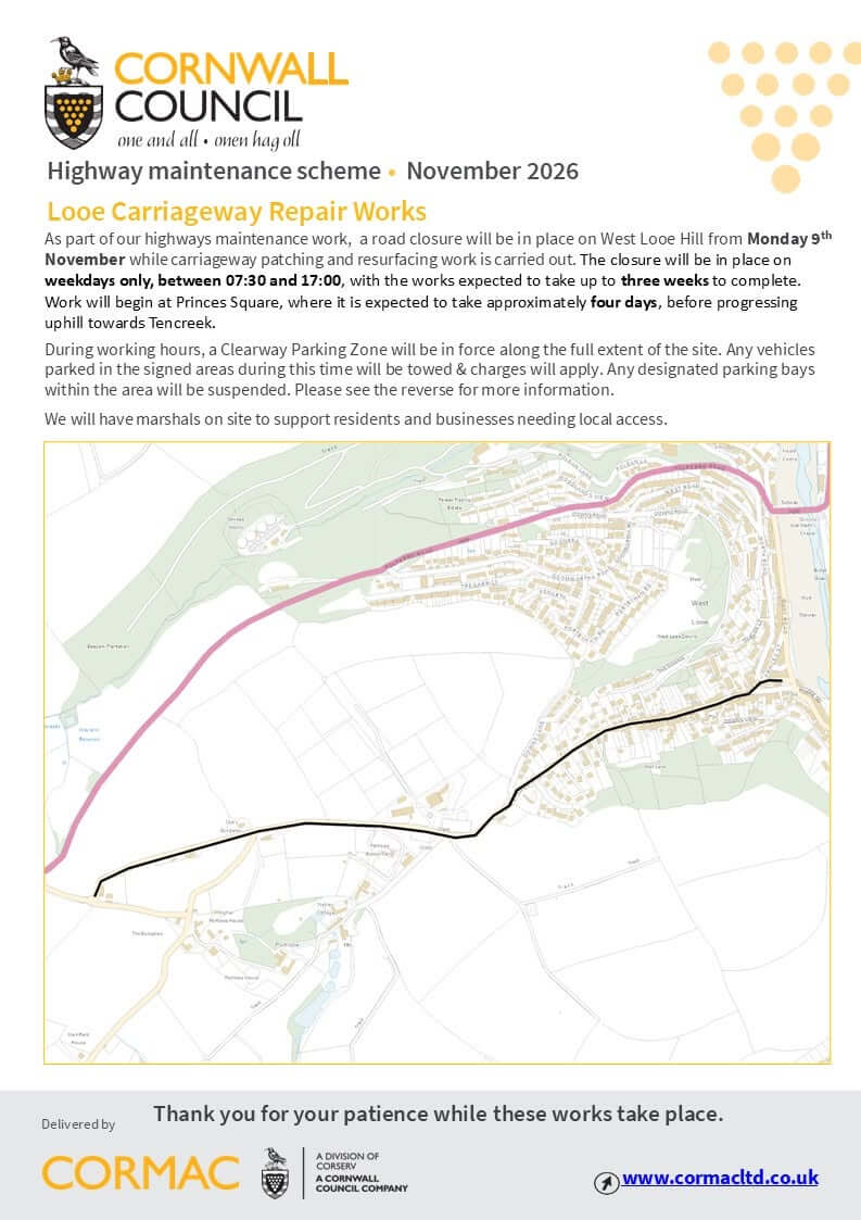 Cornwall Council leaflet and map for the West Looe Hill carriageway repair works