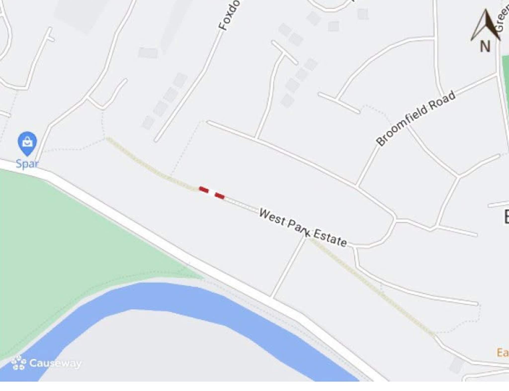 Plan showing the closed section of West Park, Wadebridge, marked with a red dashed line