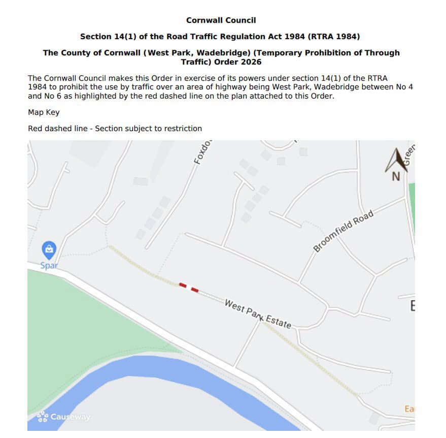 Cornwall Council temporary traffic order notice and plan for West Park, Wadebridge
