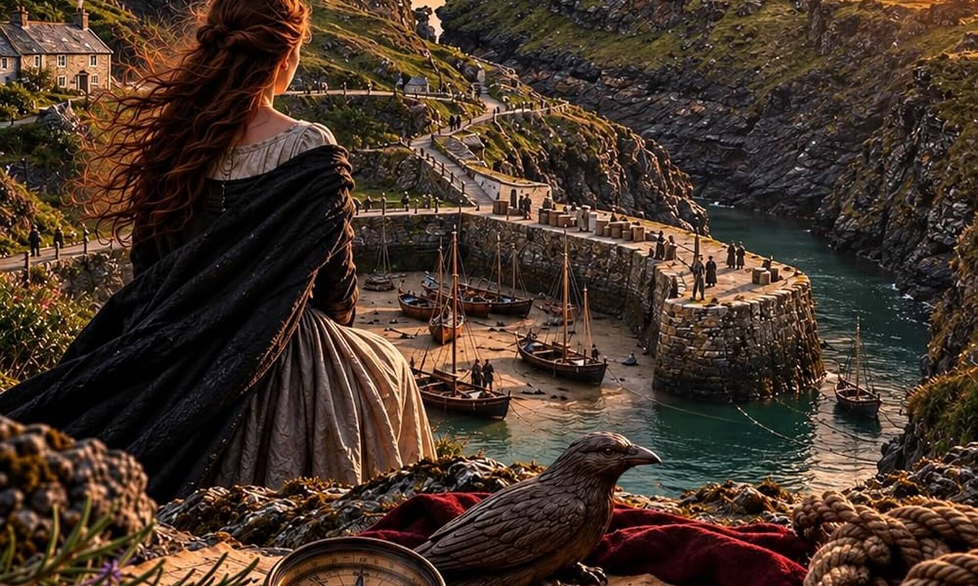 Book cover artwork showing a woman looking down on Boscastle harbour