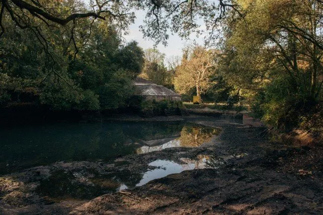 The Bath House beside the low, muddy swimming pond on the Antony Estate