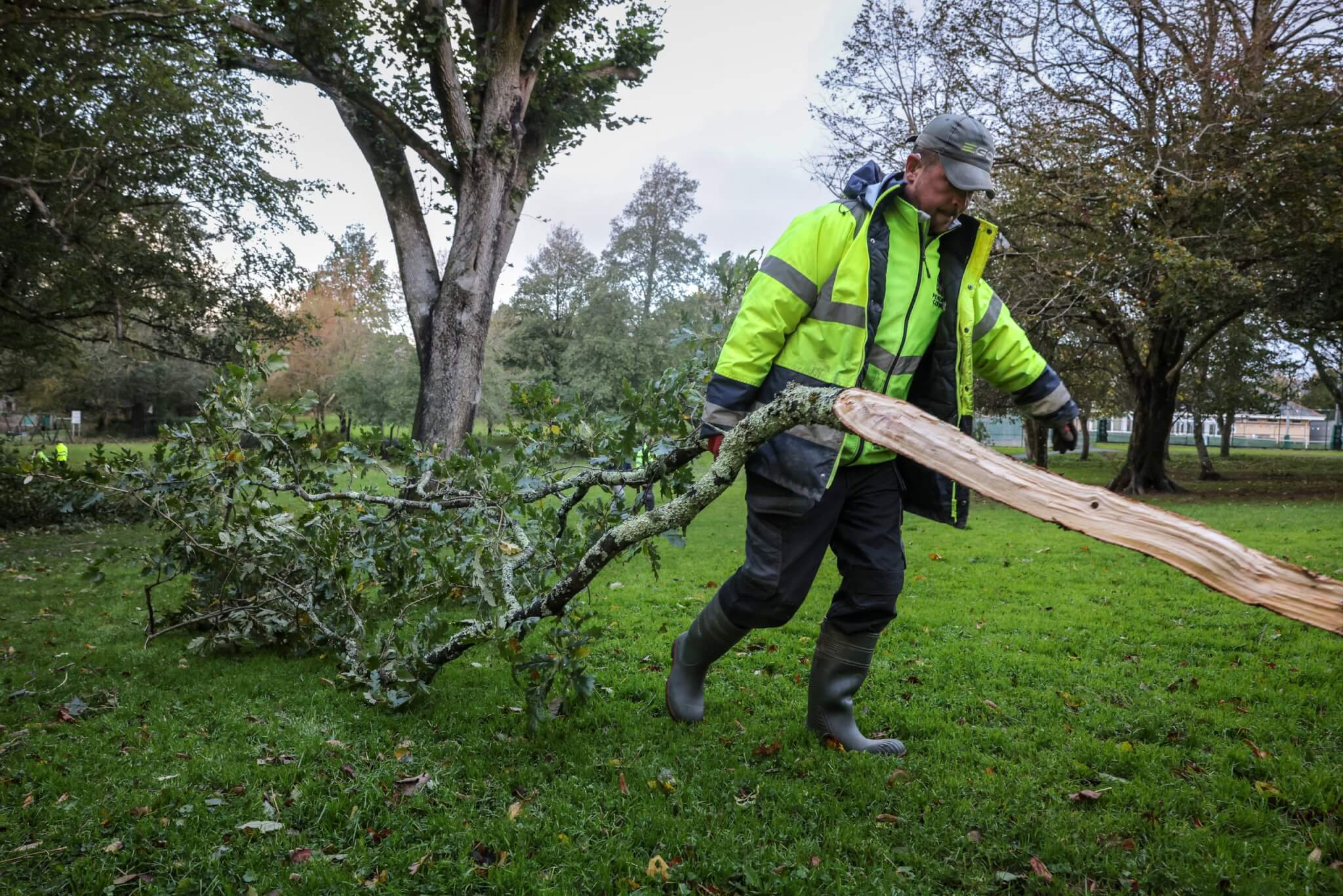 Council gardening team member clearing fallen branches in Penlee Park, Penzance