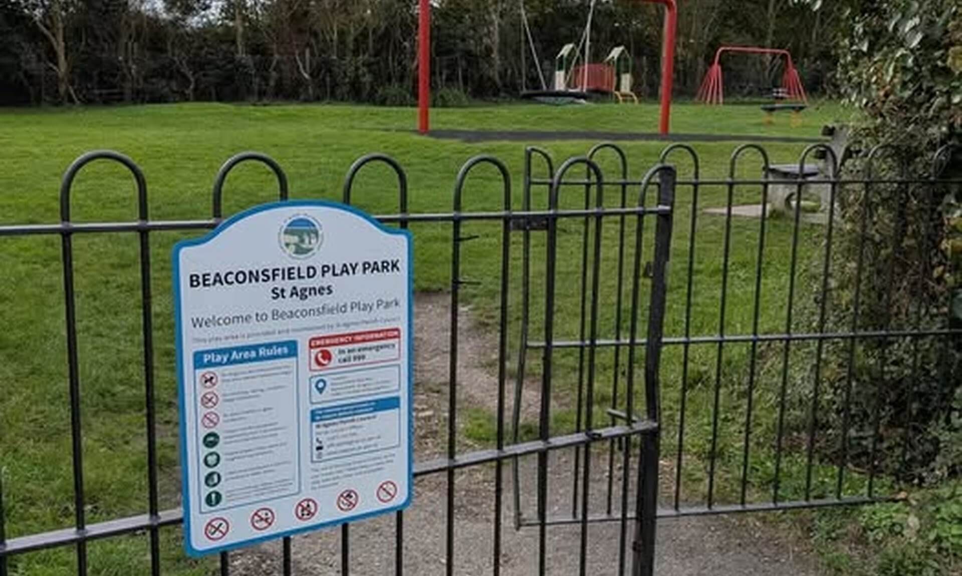Gate and sign at Beaconsfield Play Park in St Agnes