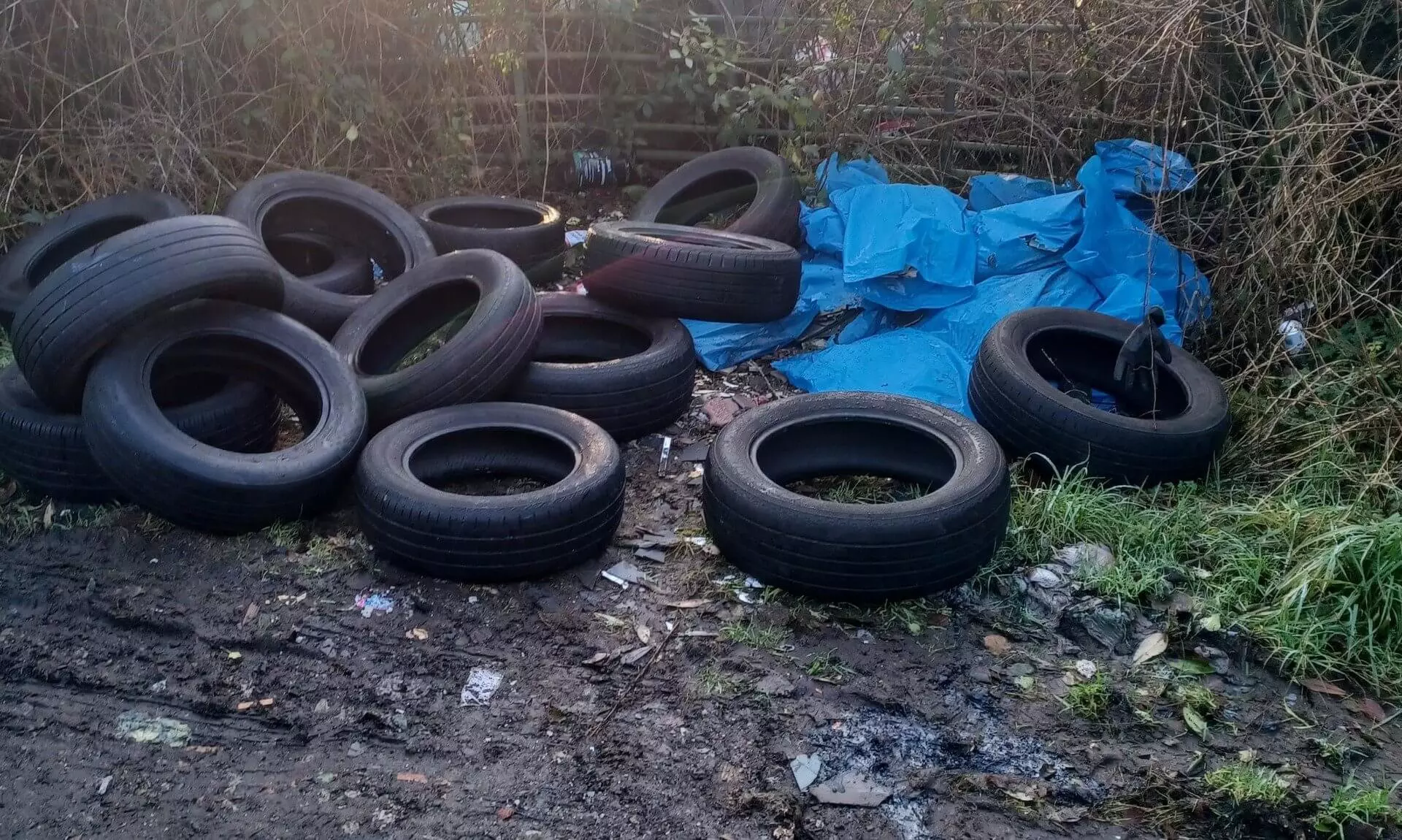 Dumped tyres and blue sheeting beside a lane