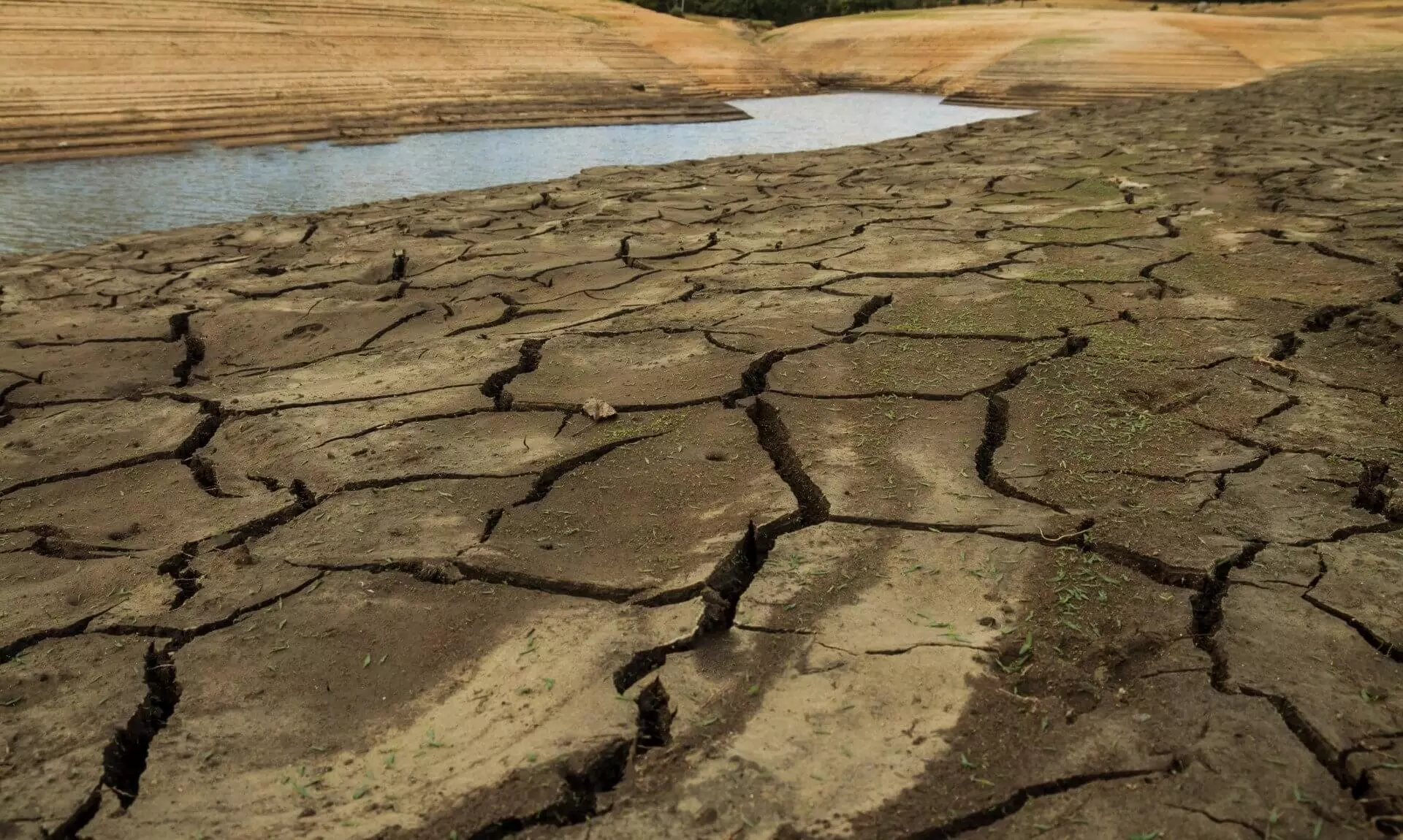 Cracked mud on the exposed bed of a drought-hit reservoir