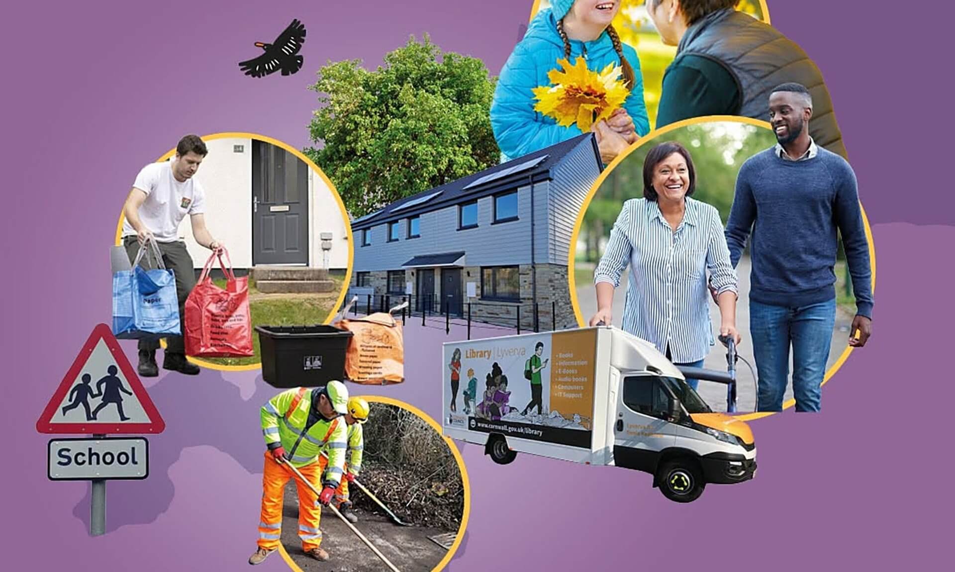 Collage of Cornwall Council services including housing, recycling, road maintenance and a mobile library van