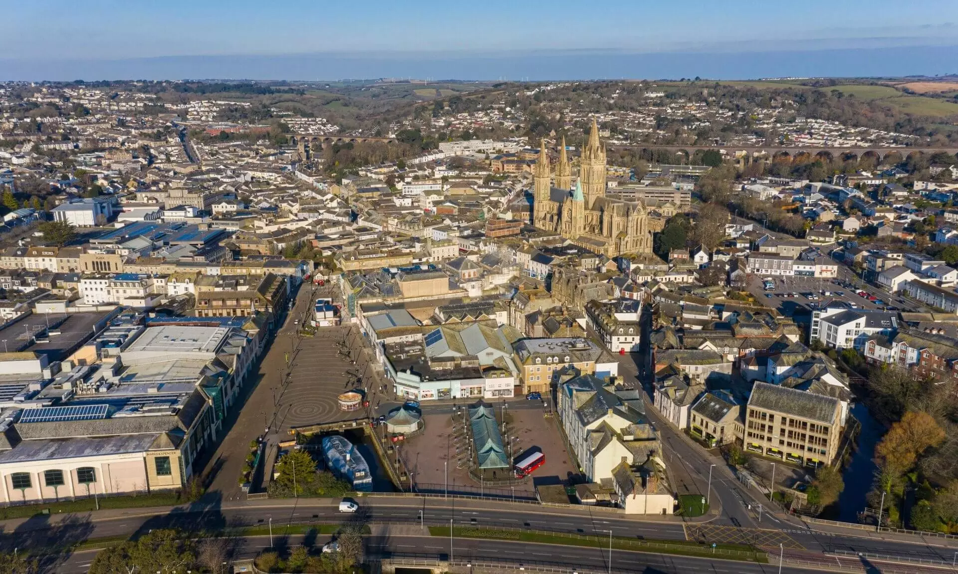 Aerial view of Truro city centre and Truro Cathedral