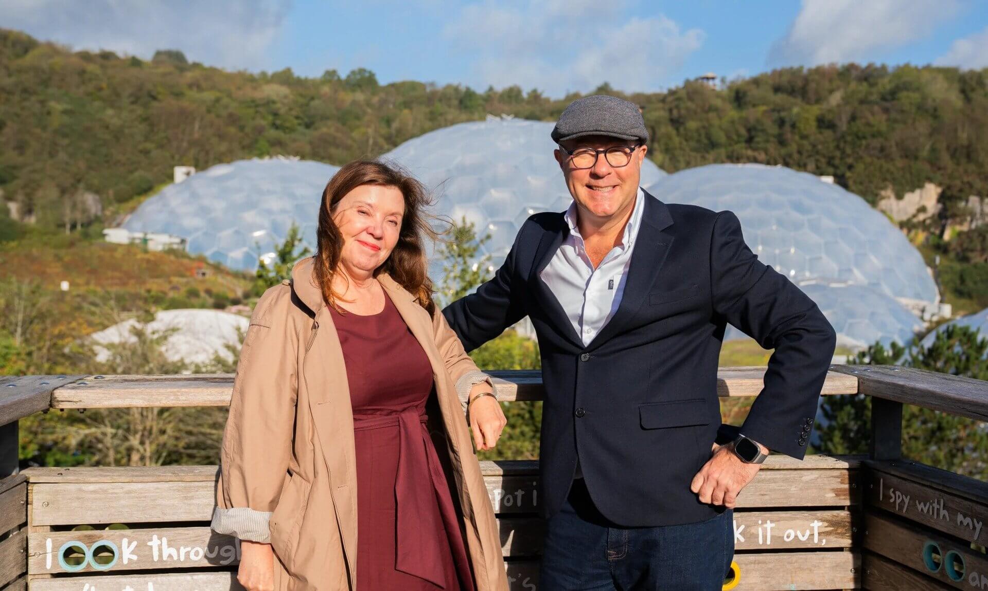 Dame Rachel de Souza at the Eden Project with the Biomes behind