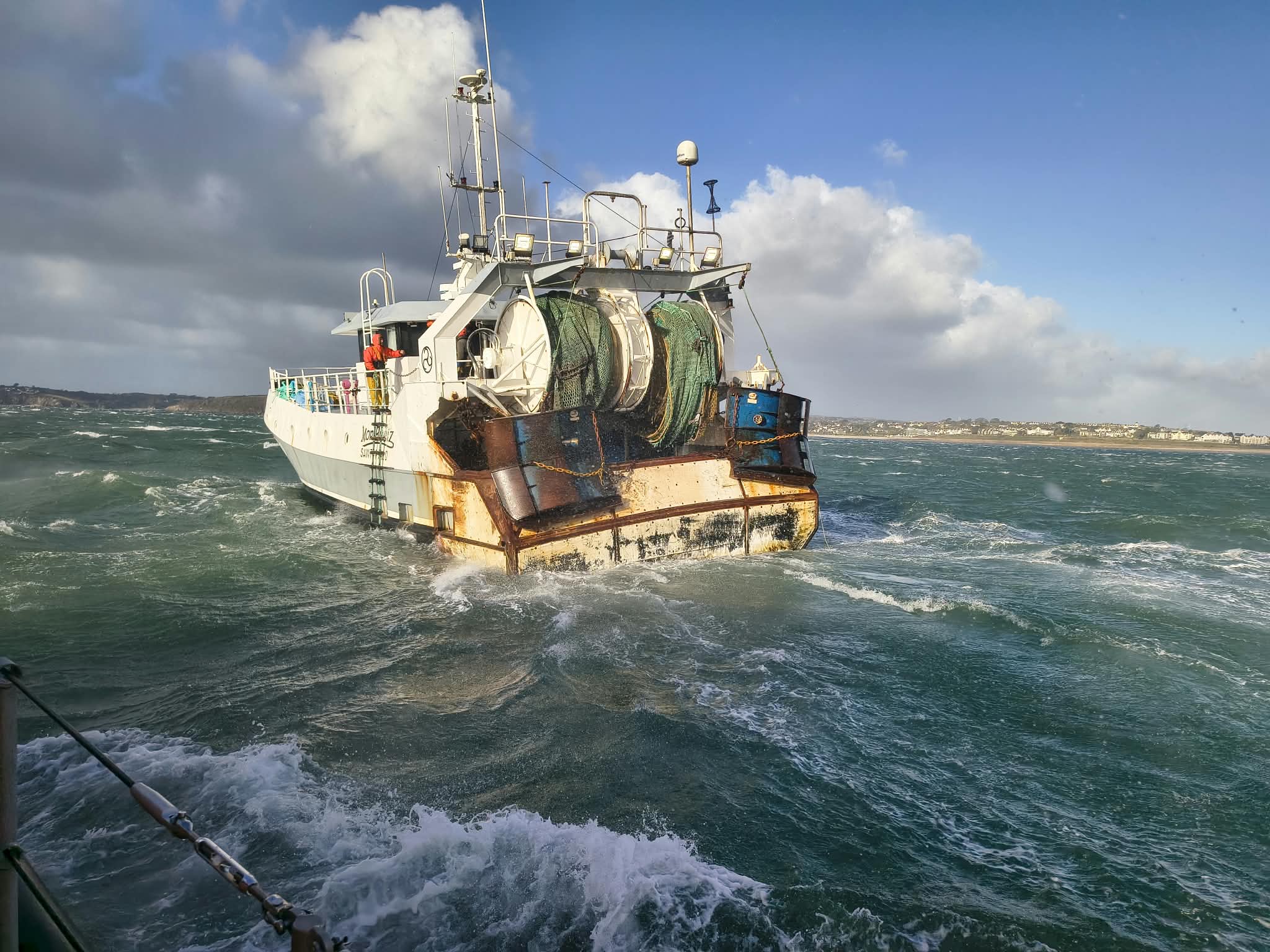 French fishing vessel in rough seas in Falmouth Bay