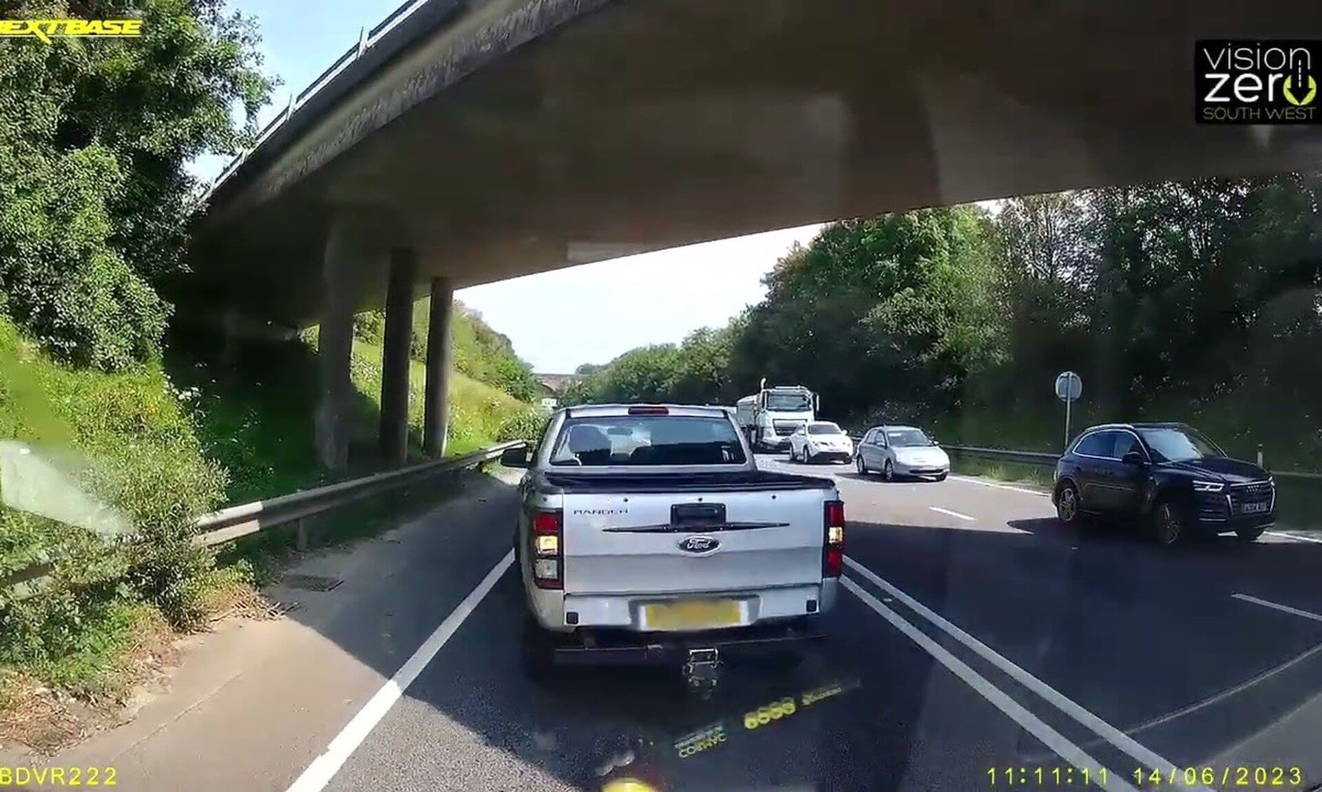Dashcam view of traffic on the A30 Hayle Bypass beneath a bridge