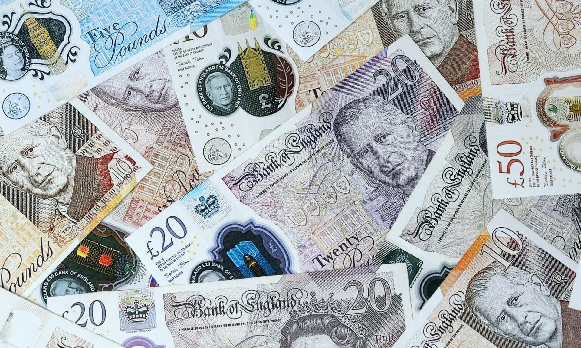 A pile of Bank of England banknotes