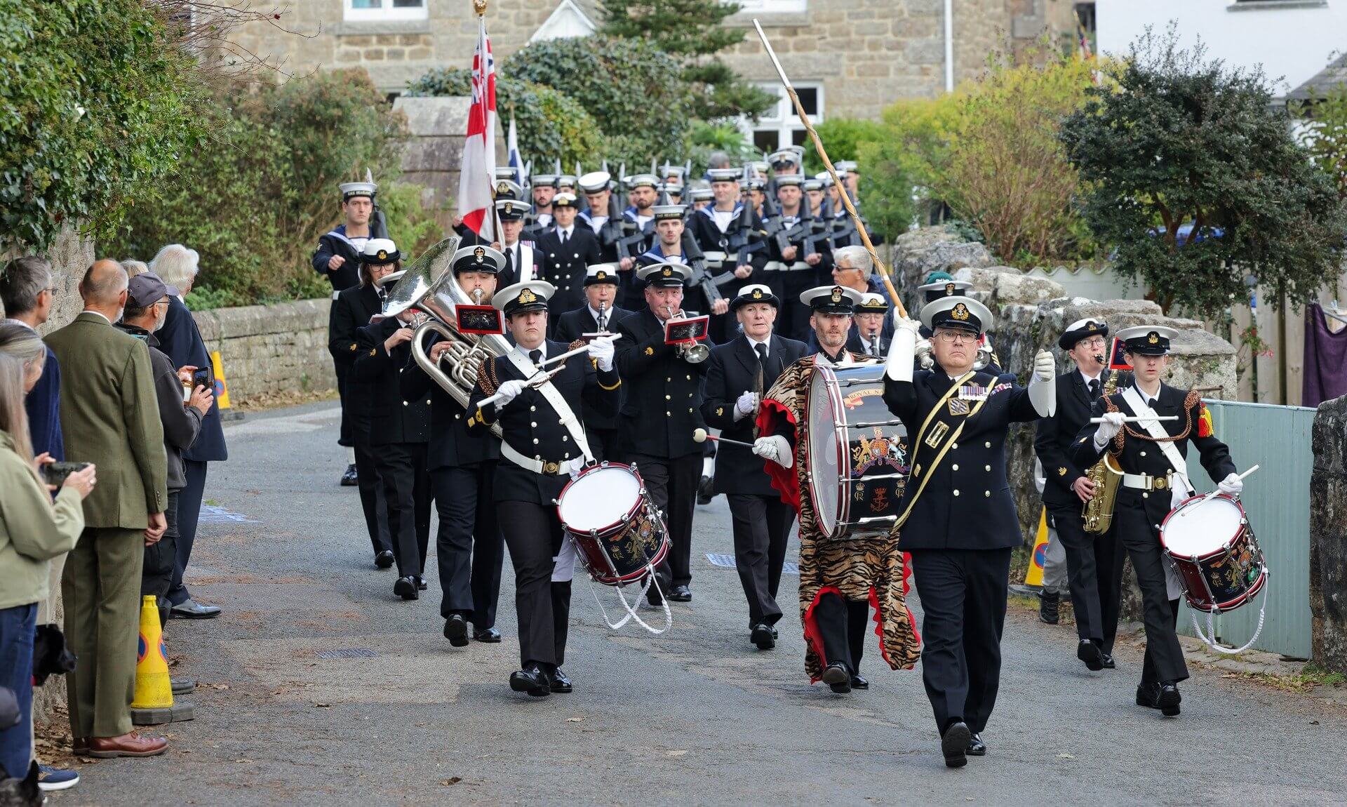 Royal Navy sailors and band parading through Madron for Trafalgar Day