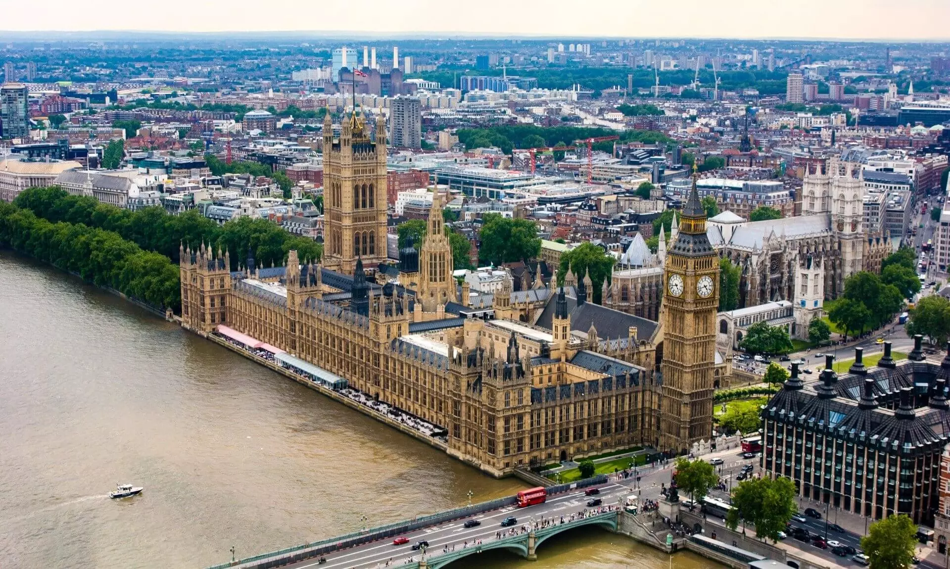 Aerial view of the Houses of Parliament and Big Ben beside the River Thames
