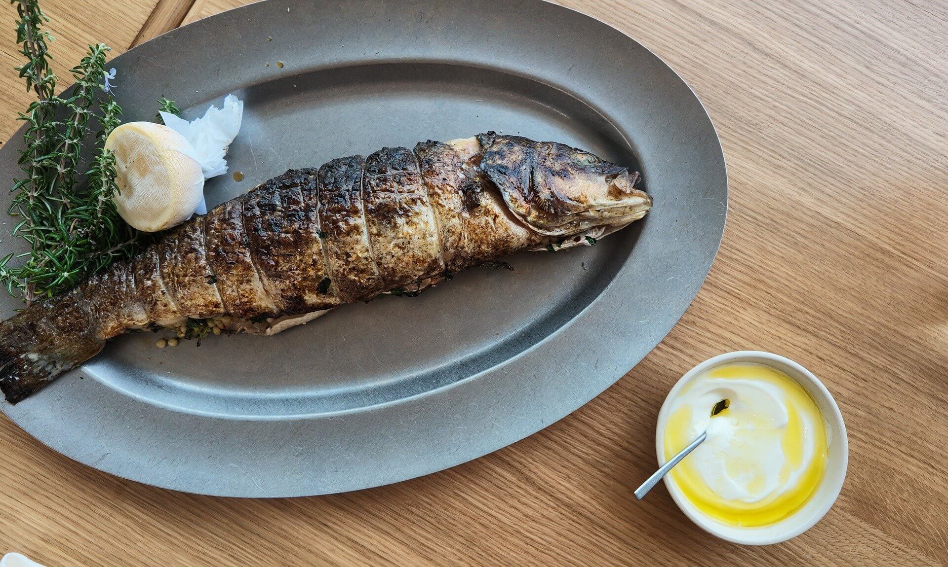 Stuffed market fish on a pewter platter with tahini yoghurt at MOR, Carbis Bay