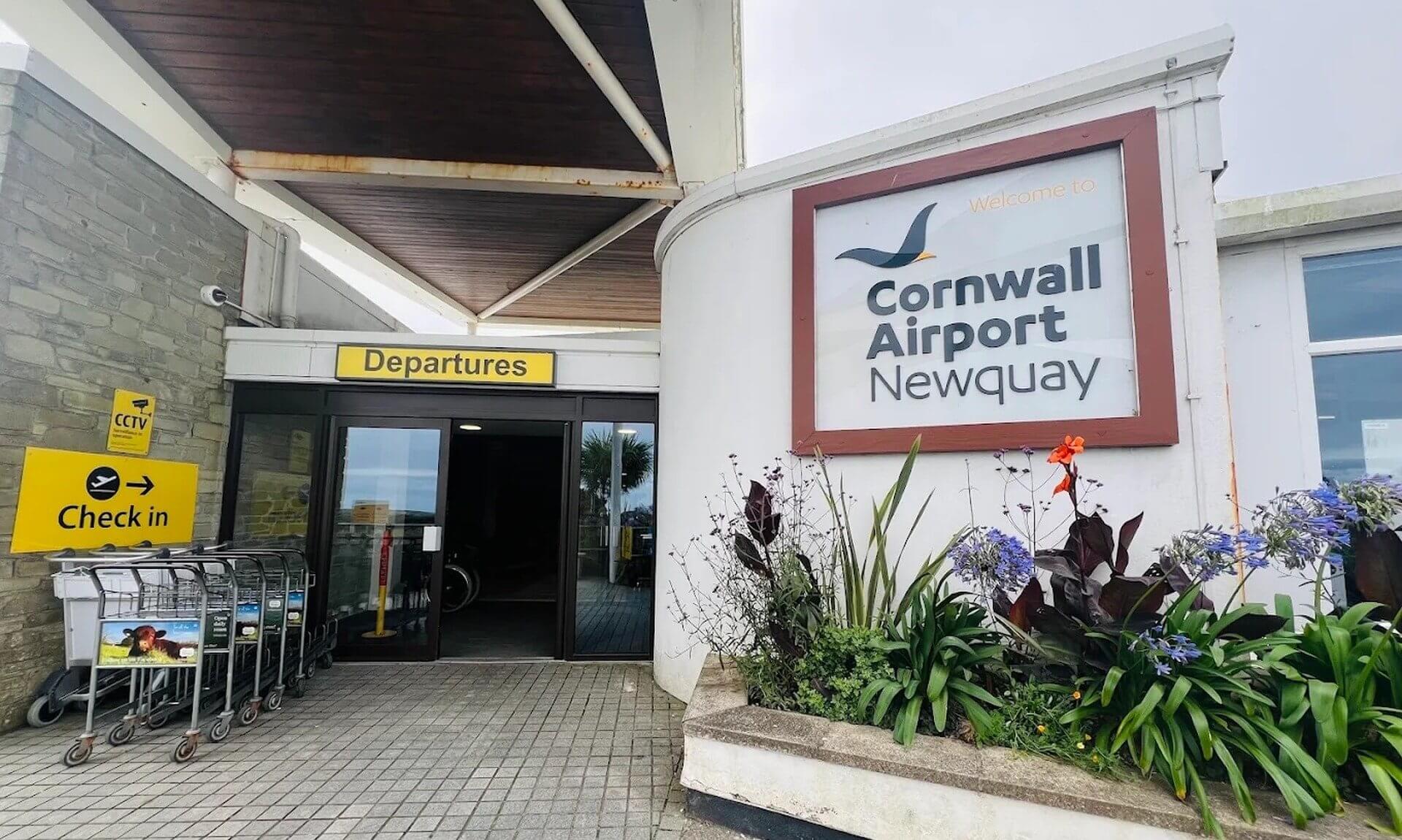 The departures entrance at Cornwall Airport Newquay