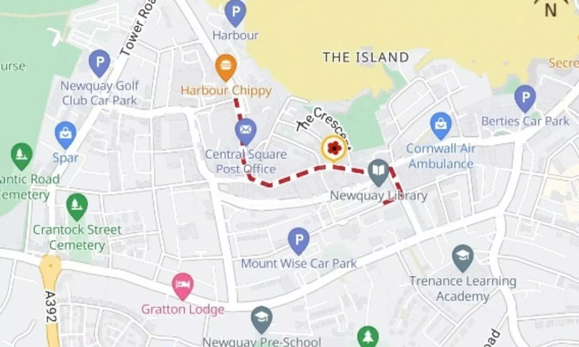 Map of the Newquay Remembrance Parade route through the town centre